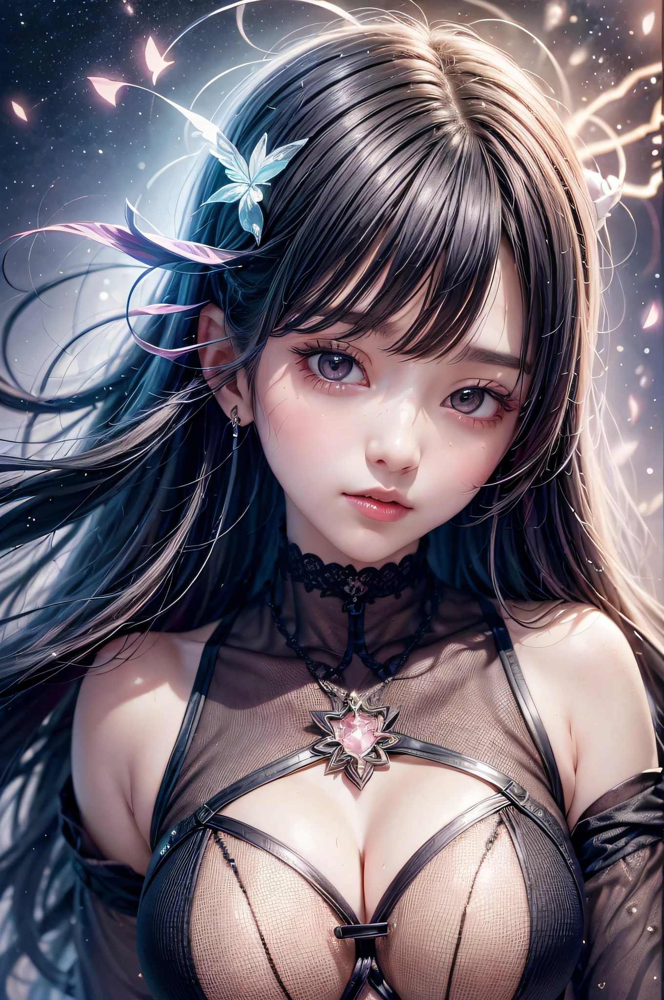Beautiful girl story wrapped in love, Beautiful eye details, A captivating anime girl gracefully emerges from the pages of a watercolor painting, Her vivid and complex colors are, Bring your artwork to life, (see-through transparent clothes, Transparent costume:1.5), She wears a chest-opening fantasy costume decorated with delicate details,Fascinating worldview, Luminescent elements, Glowing crystals surround her like air, casting a soft, otherworldly glow, The style of watercolor painting is、Imbues the image with a sense of fluidity and delicacy, as if the colors are effortlessly blending and bleeding into one another, Camera shot: medium shot, Soft Focus, luminescent glow Lighting, watercolor brushstrokes, Sophisticated and very delicate anime illustration, unique colors, Portrait of an anime girl, Costume with open chest, Irridescent color, beautiful girl illuminated by seven colors of light,