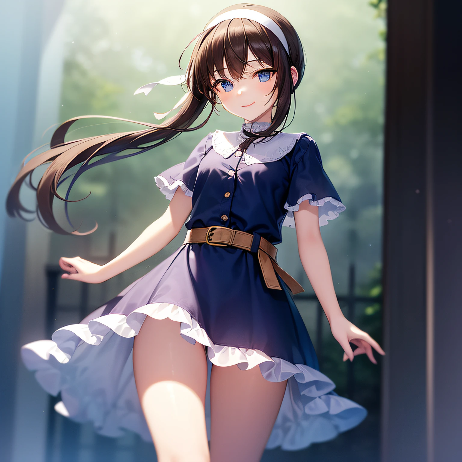 top-quality、extremely delicate and beautiful、 Girls、small tits、((((Solo Girl))))、11yerl、(dark brown hair)、Blue clothes with vertical buttons、Belt at waist、White skirt、(((poneyTail)))、(white hairband)、(Brown boots)、blue eyess、is standing、A smile、