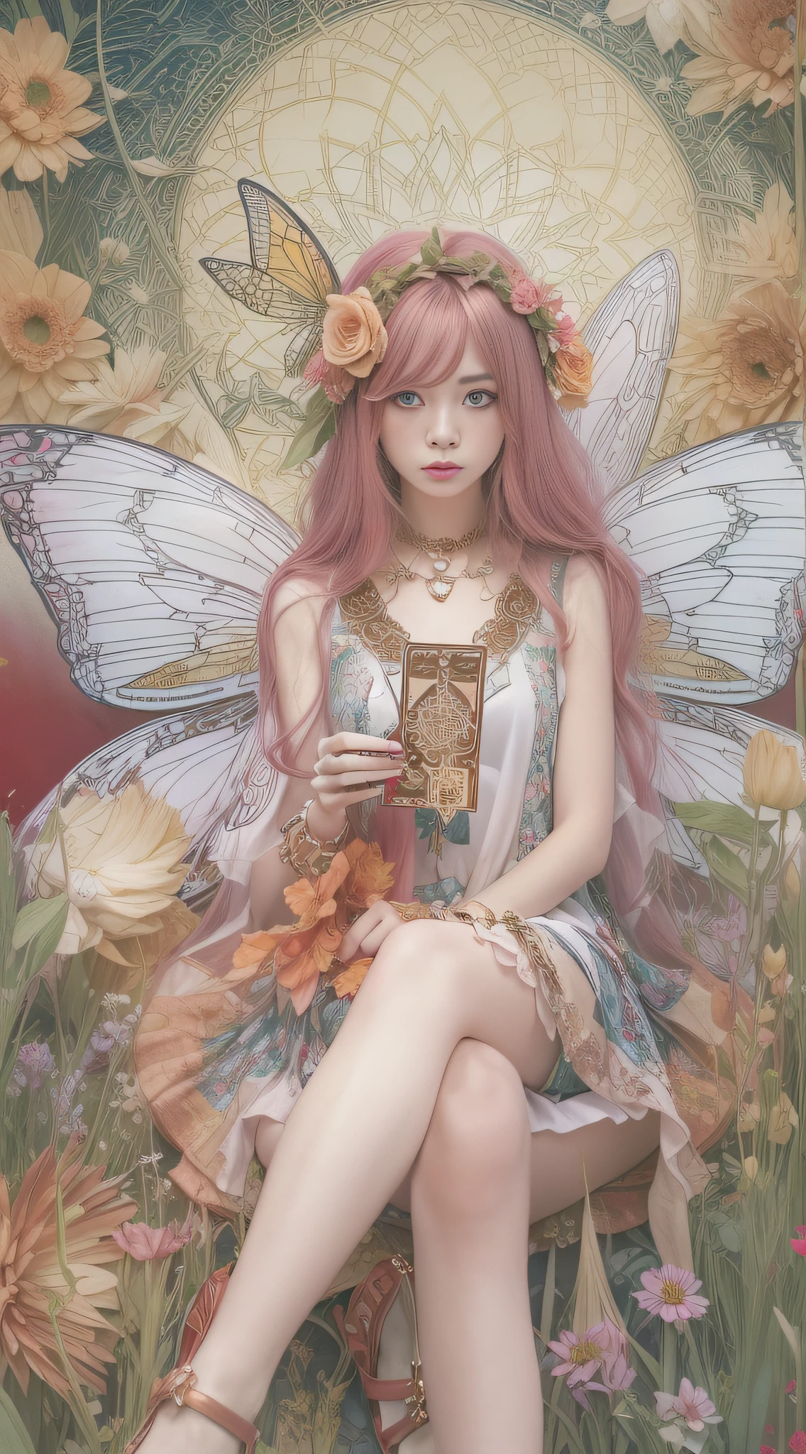 (Golden Ratio: 1.2), (Rose Graffiti: 1.2), (Glitch Color: 1.3), [(White Background: 1.4)::10], (Whole Body: 1.2), (Super Fine: 1.3), (Tarot :1.6),(Magician (Tarot):1.6),(Paper:1.2),(Fairy:1.6),(Fairy Wings:1.2),Full Body, Hanging,(Cool:1.2),(Red Long Hair ),(butterfly hair accessory),(flower hair accessory: 1.0),((sandals,Locket)),(colored cocktail dress: 1.0)+(loose-sleeve jacket: 1.3)+(fluttering colorful tassels and ribbons :1.2 ),(white stockings: 1.2),(colored ink paper flowers: 1.2),(colorful flower sea: 1.3),(chaotic geometry: 1.3),(negative space: 0.8),(drawing board: 1.3 ), (Ether Color ink flow: 1.3)