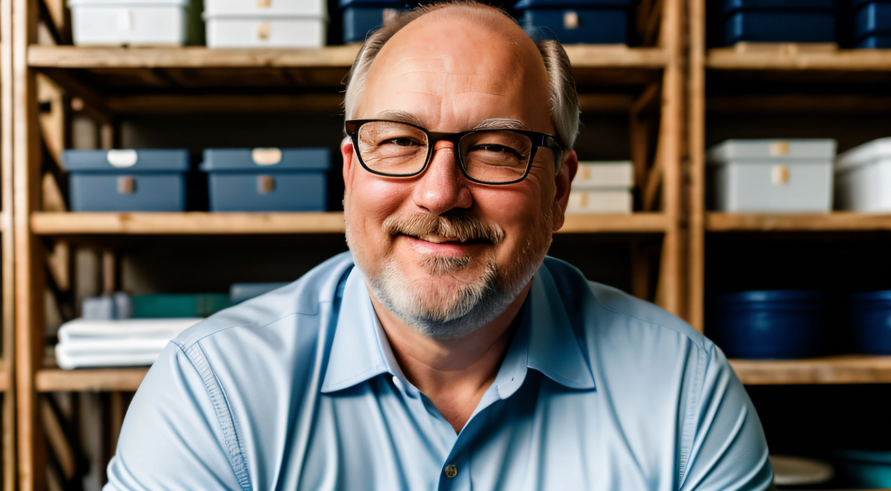 "High-quality RAW photo: Portrait of a friendly 55-year-old Caucasian average looking, chubby, Englishman, balding, bearded, not handsome man, wearing a dark navy-blue shirt and glasses. Relaxed. Show upper body. Smiling broadly. He is standing in an empty warehouse, showcasing his natural skin pale tones. Natural lighting. Shot in 8K UHD resolution with film grain aesthetics." resembling Fujifilm XT3."