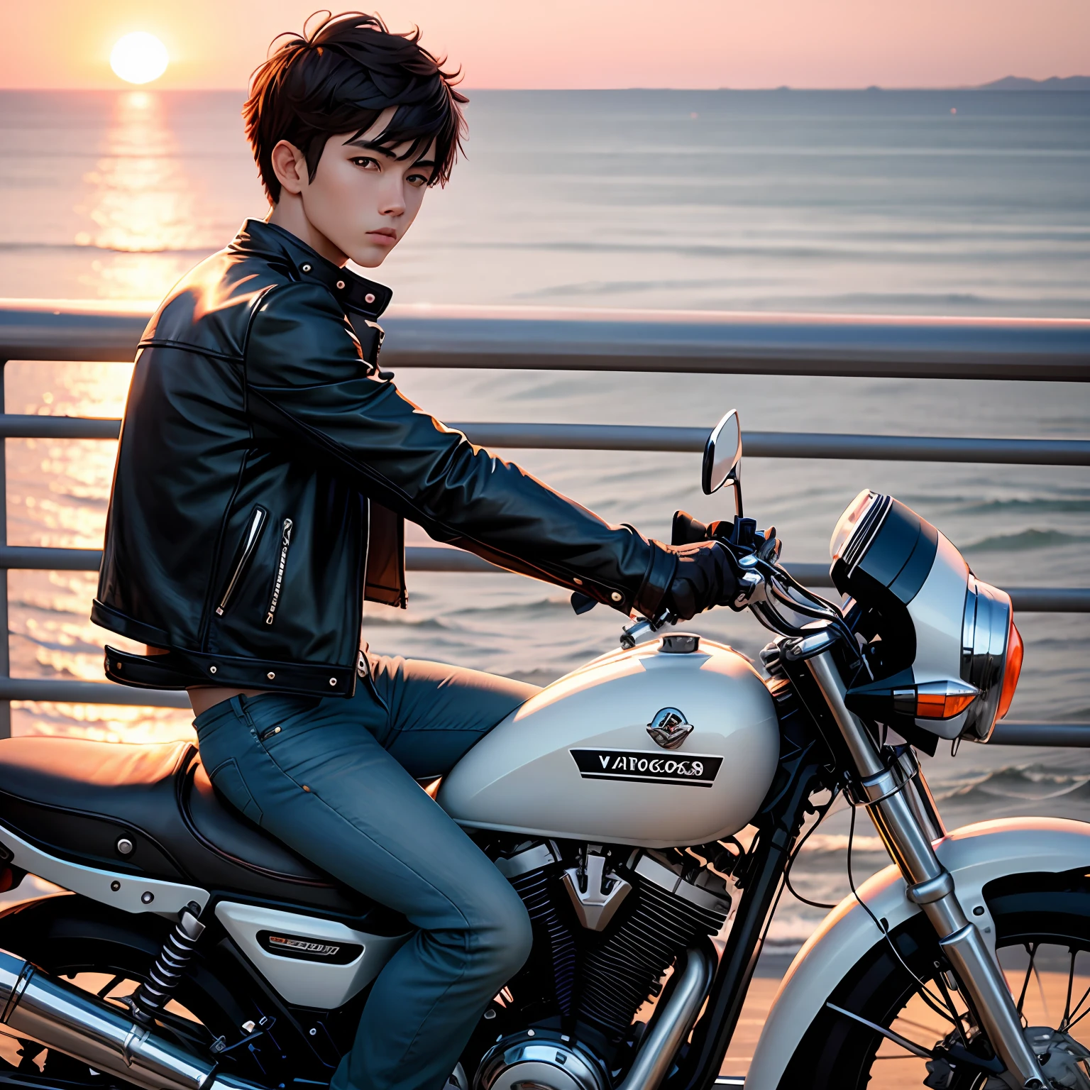 Sunset Junior Riding a motorcycle on a cross-sea bridge The vista is the sea and the sunset There are seagulls in the sky See-through Short hair handsome Leather jacket Jeans Cargo shoes Confident Sunny Striking Robust --auto