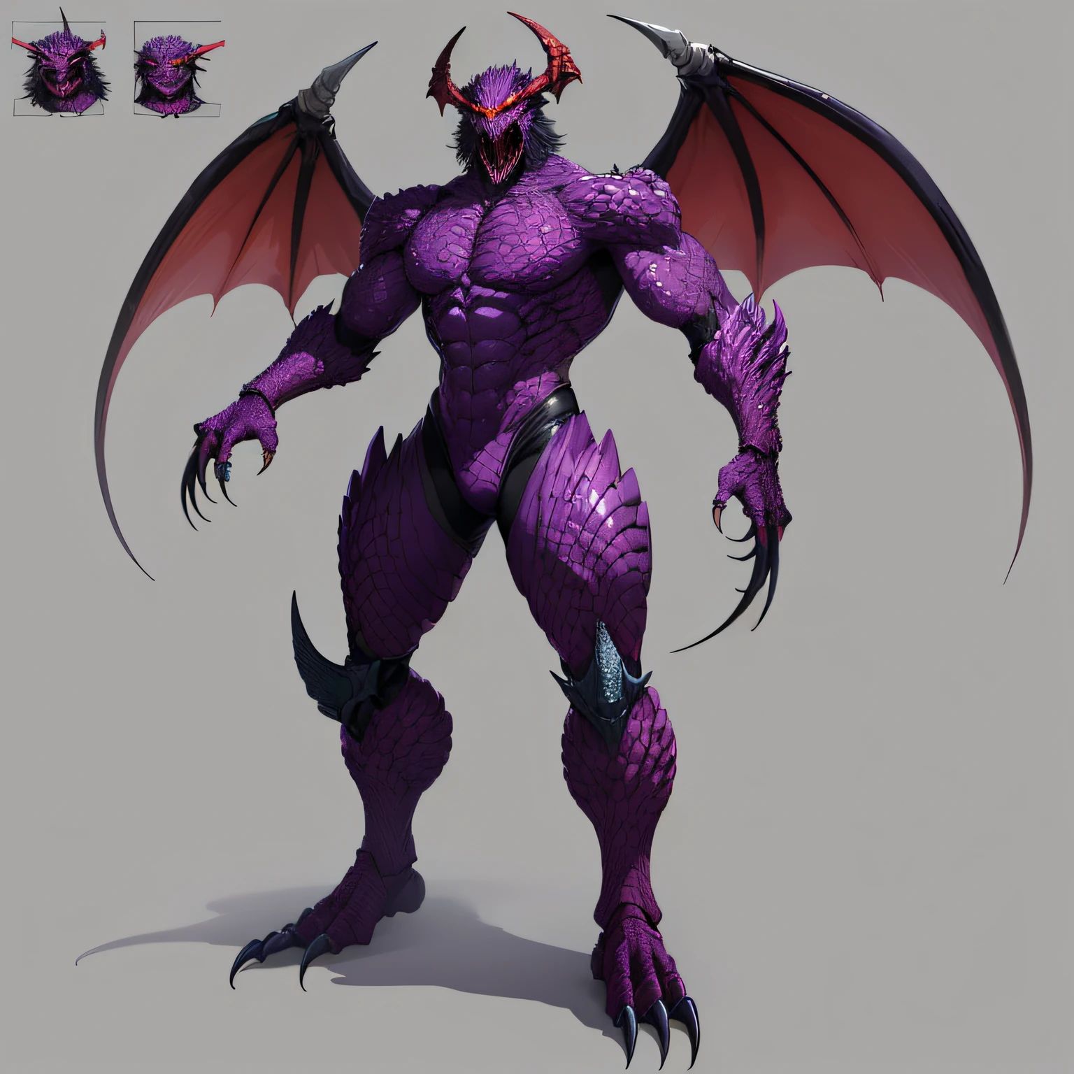 Non-human, Humanoids, Biochemical viral infection, monster concept art, humanoid demon, bloodborne monster, bodyhorror, parasite, Evil monsters, thick warframe legs, The limbs have sharp claws, Creepy muscular mutant creatures, black demon's wings, ((Dragon's head)), Look to the right side, Purple-red skin, standing, character design, reference sheet, ccurate, anatomically correct