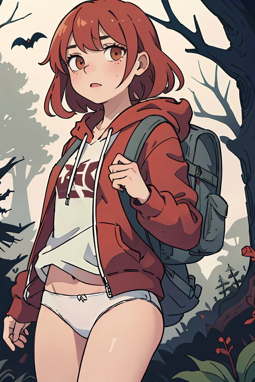 (masterpiece:1.2, best quality), (highly detailed:1.3), 1girl, 17yo girl, ginger, (white panties), (red hoodie), closeup, backpack, walking in the forest, dark, spooky,