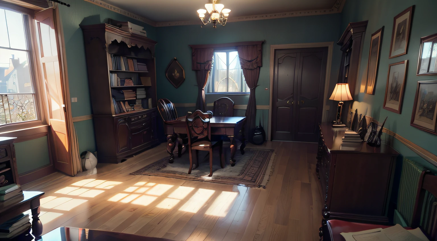 tmasterpiece,Best quality at best,Very detailed CG unity 8k wallpaper,The best illustration,The best shadow,Second floor of the villa,study room,A large desk,A chair,Multiple bookcases juxtaposed,window,dimly lit,Messy books(1920s), (English Town),(Particle effect)and other 3D,Octane rendering,Ray traching,Super refined --auto