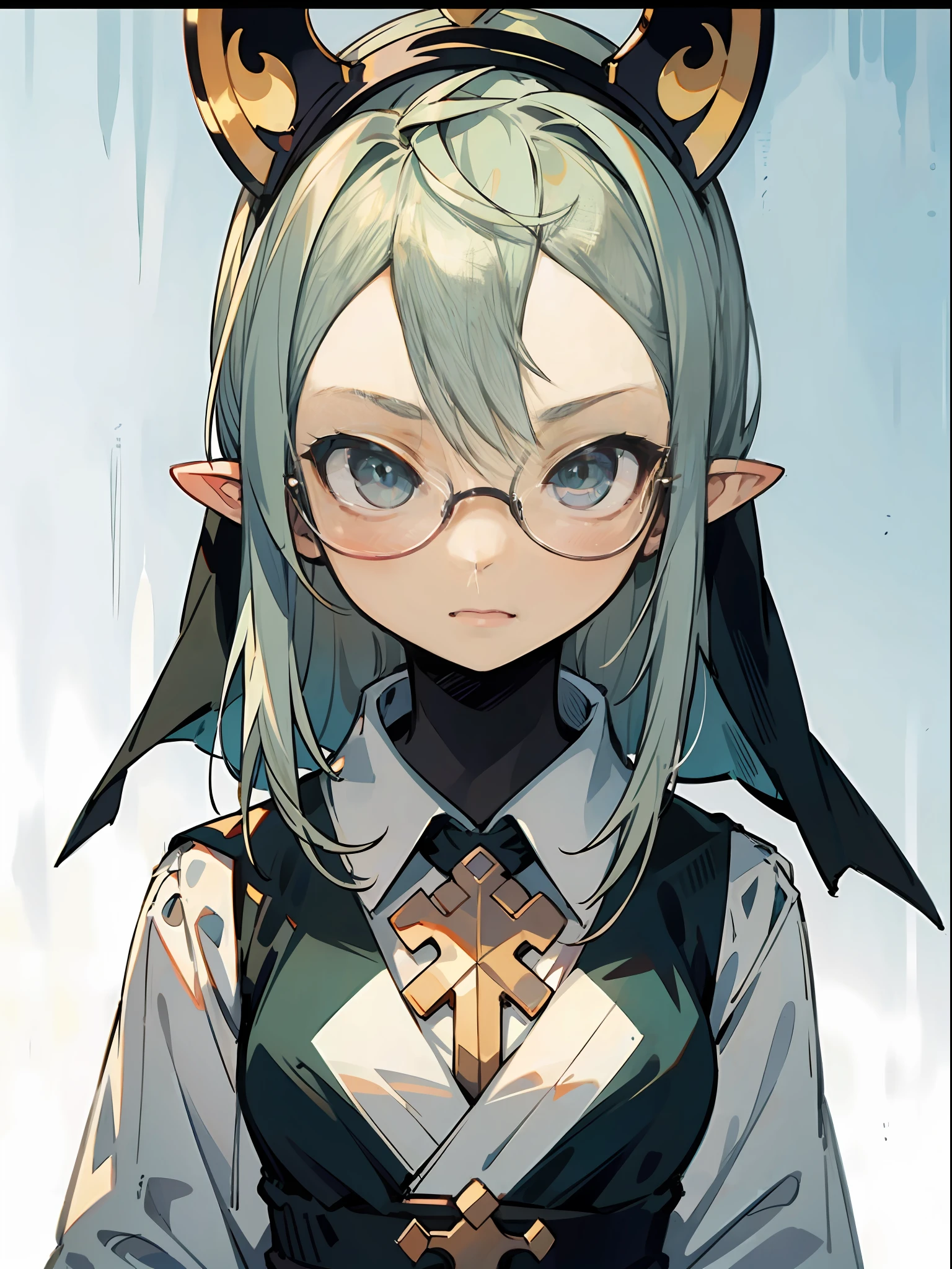 Dark green hair，Woman with long hair， 25 years old， highr， Mannequin， eBlue eyes，eye glass， nabel， Dragon's horn，Religious elements， eye glass，By bangs，pointy ears，Golden pupils， 3.0， tachi-e, character sheets，orthofacial， irate，（paleskin： 1.1）， Slim， Shiny，nuns clothing