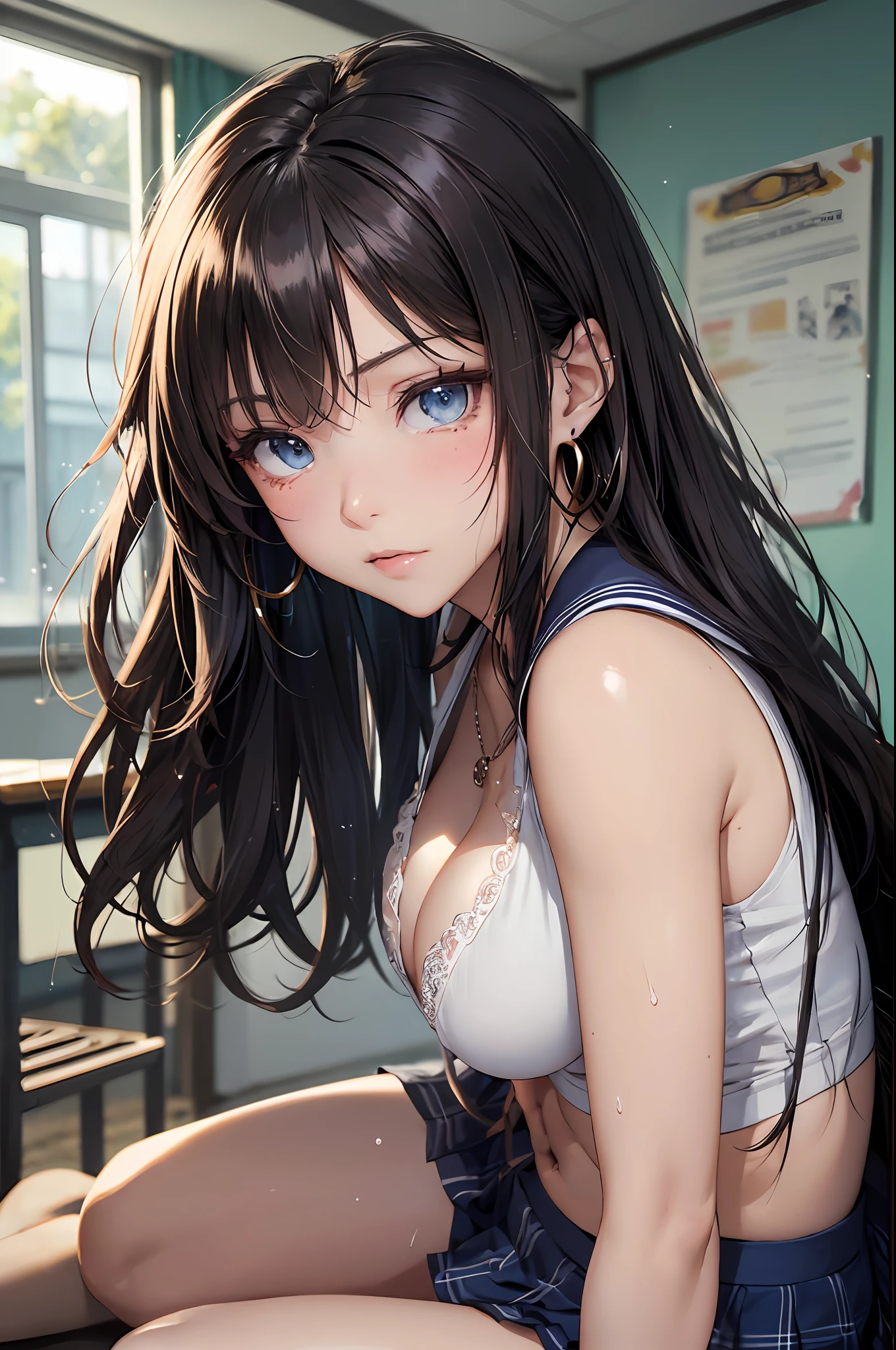 (masutepiece: 1.3), (max resolution: 1.2), (Ultra HDTV: 1.2), cinematric light, 8K resolution,
Detailed eyes and skin, detailed facial features, , (Sharp Focus: 1.2), (Focus on Face:1.2),Perfect Style, Beautiful face, 准确, Anatomically correct, Highly detailed face and skin texture, Detailed eyes, Double eyelids, Thin eyebrows, Glitter Eyeliner: 1 Natural cheeks, Glossy skin, Fair skin: 1.2, (Glossy lips: 1.4),、 (Shy look: 1.2),Highly detailed facial and skin texture, Detailed eyes, Double eyelids, Natural cheeks, , shiny lips: 1.4,Exposed cleavage、(A large amount of sperm in the chest:1.4)(Large amount of sperm in the thighs:1.2)、
red blush、humiliated、impatience、dismay、Frightened、glares、Tears、embarrassed from、Open knees、open one's legs、Masturbation behavior、masturbation、rubbing the genitals with fingers,,,,、
White underwear、White bra、Shiny little earrings and necklaces、、Disheveled clothes、Dressing、Exposed panties、Wearing sweat、sodden、Sheer underwear、
18 instars, Neat and clean woman 、Wavy Hair、 Semi-long hair, Normal, upturned breasts, Sitting on the floor, Classroom,Black brown hair,blue eyes、(High School Uniforms:1.5)