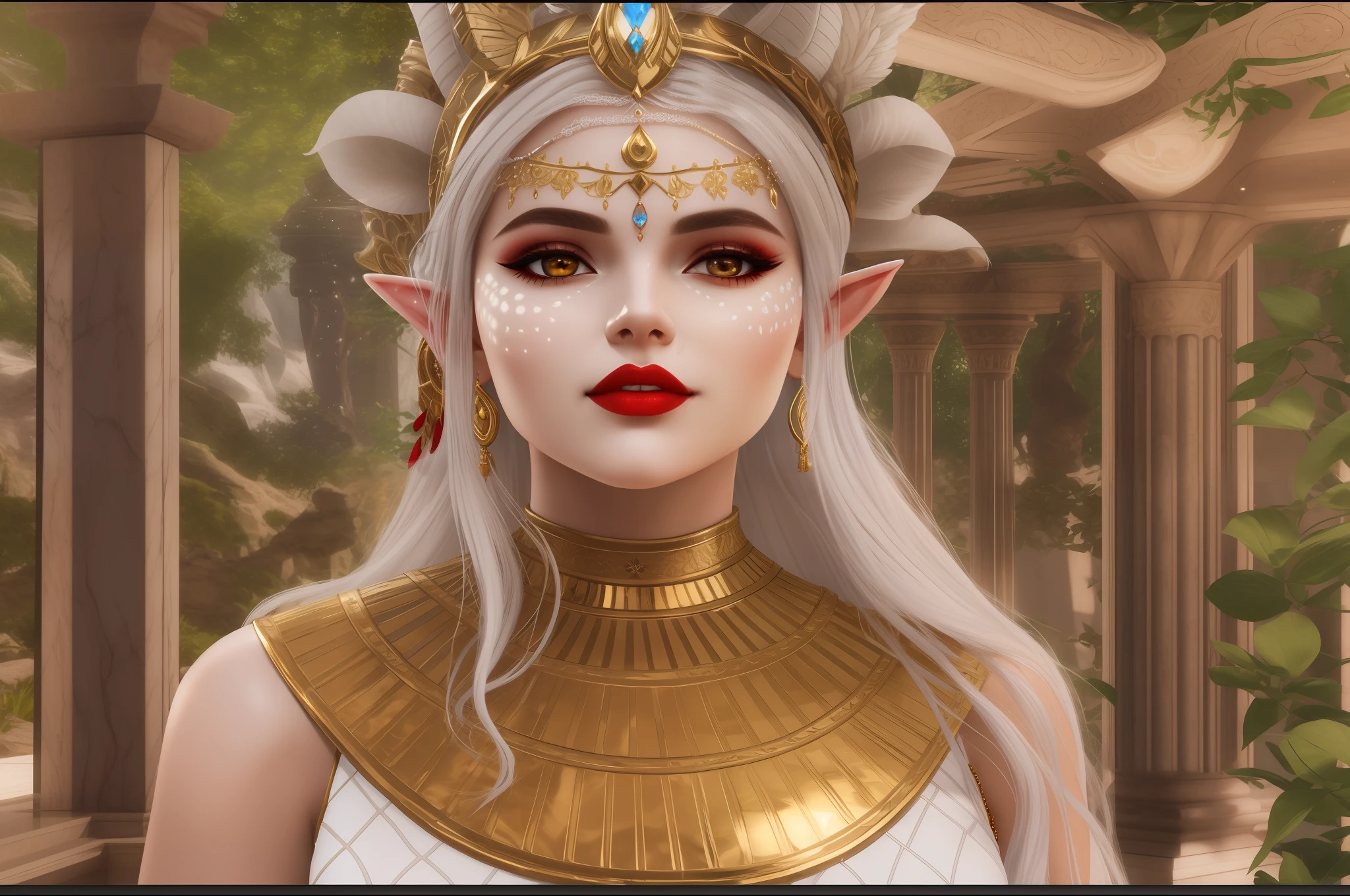 There is a woman with a white face and golden dress, Unreal Engine render + a goddess, extremely detailed goddess shot, cinematic goddess shot, goddess. Extremely high detail, natural skin tone 4k textures, highly detailed face, the goddess Artemis smiling, hyper-detailed fantasy character, high detail and intricate, extremely detailed, cleopatra portrait, young woman 18 years old, elf, white skin, thick lips, red and fleshy lips, white eyes, white horns, silver hair, goddess, heavenly, beautiful, yummy.