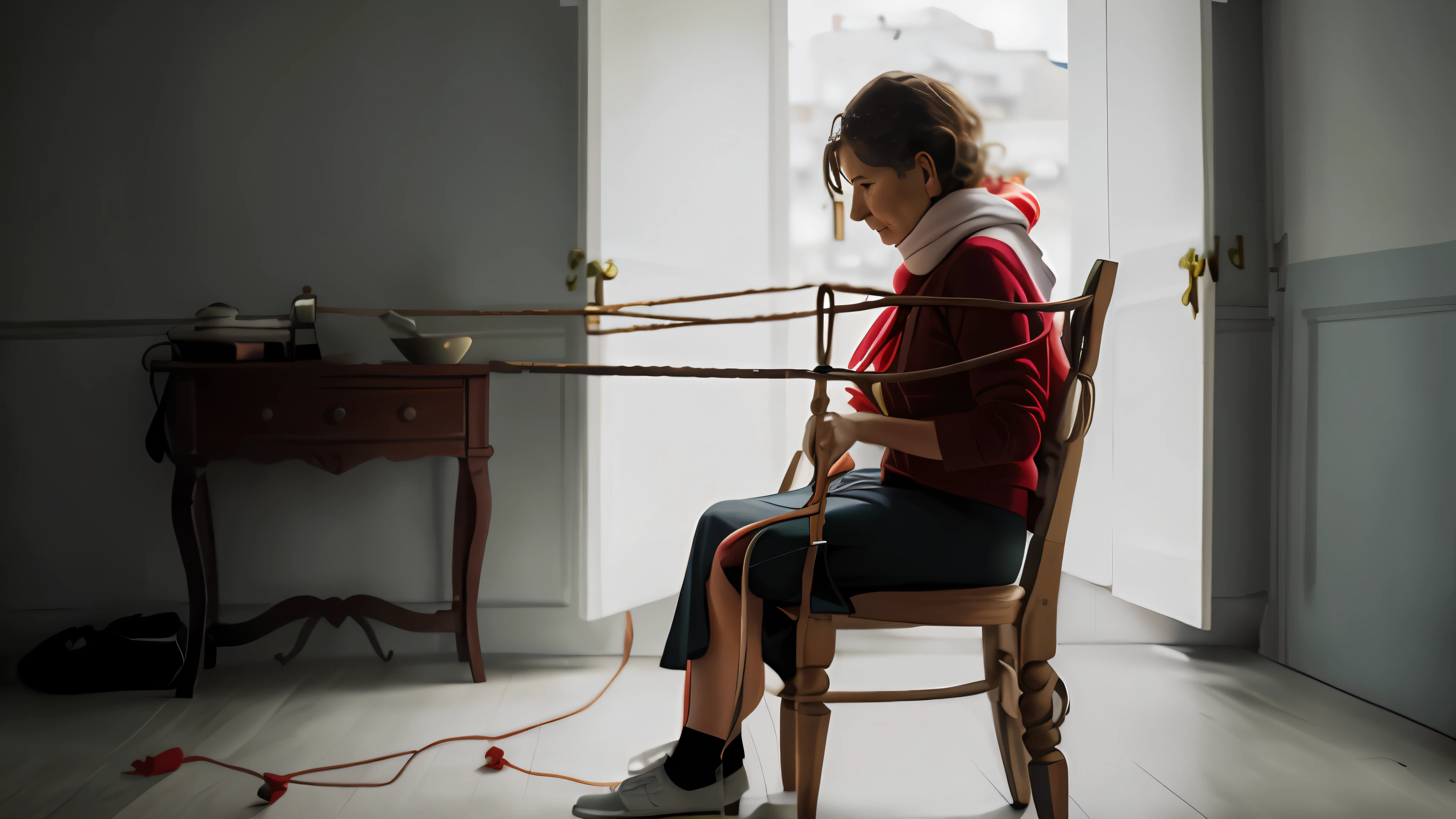 A 50-year-old woman sitting in a chair with a red scarf in, amarrado com cadeira, woman is sitting, sentado em cadeira de madeira, foto ainda,  Assento em uma cadeira,