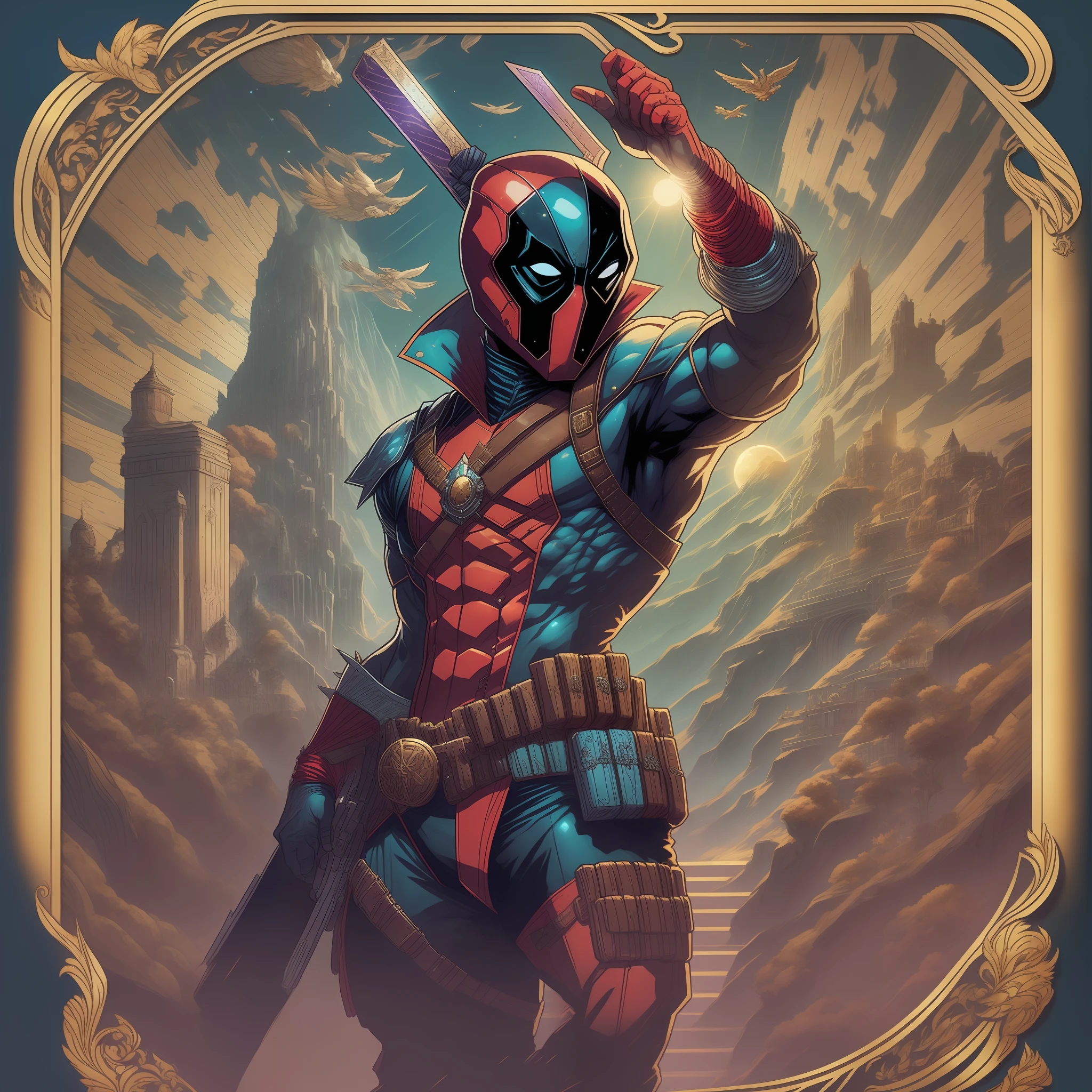 A game card and border design of [Deadpool] with decorated borders and icons, No estilo da Capcom, cores vibrantes, magia de fantasia, circunstanciado, intrincado, 8k, octan render