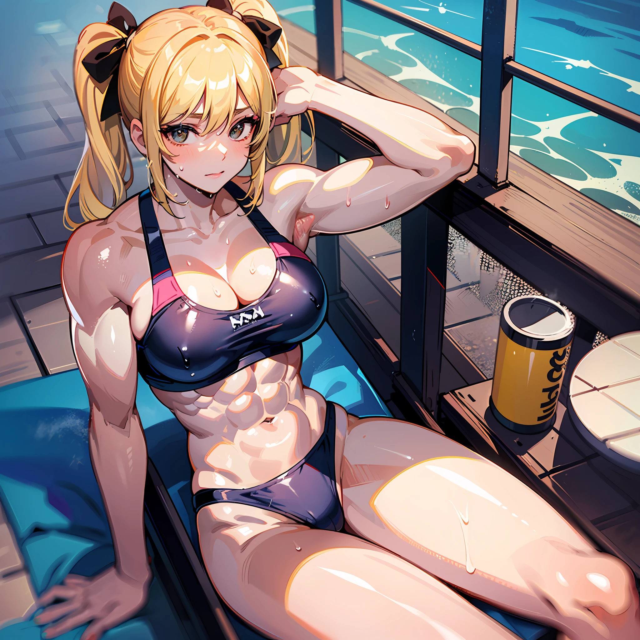 ((masterpiece))、((Top image quality))、((top-quality))、(((Illustration of one woman)))、(((Muscle Girl)))、full body Esbian、((30-years old))、((neuter))、((Blonde twintails))、Light golden eyes、((Long body))、(((perspiring)))、((Body wet with sweat))、(((Muscular and strong body)))、((Split abs))、(((muscular and thick arms)))、(((muscular and thick legs)))、((manspreading))、((Sports Swimwear))、Sitting on a deck chair、in poolside
