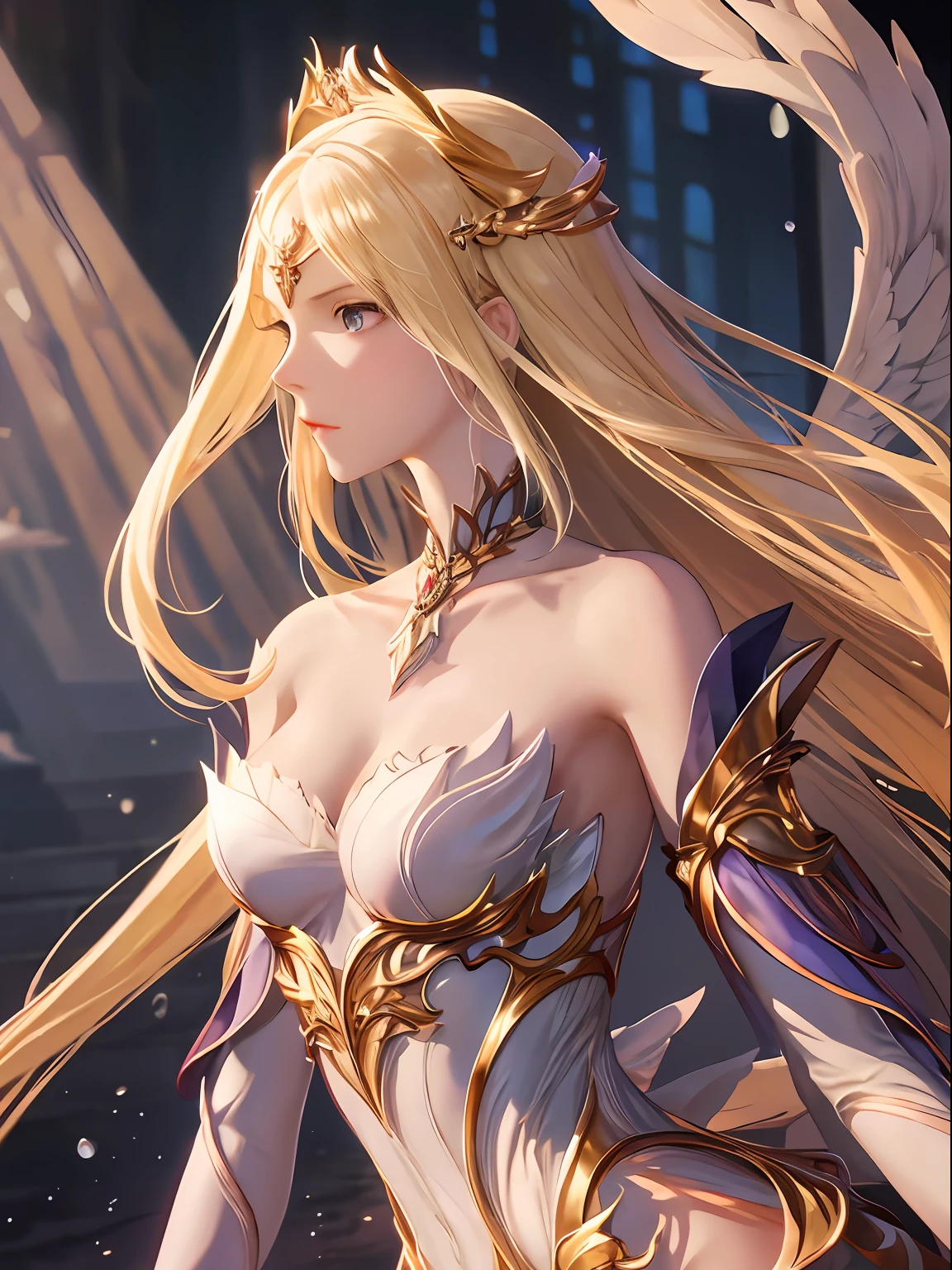 meticuloso、Wonderful、Perfect CG unity 8k wallpaper,High-quality depiction、The colors are pure and elegant,Exceptionally beautiful,Royal Sister,delicated、Dynamic Angle,moisty、Water droplets, Water mist、rays of moonlight、(Colorful light),Highlight yellow hair、Fair-skinned angel goddess Senyuki,Angel-like,Empty palace,eventide,Delicate facial features,full bodyesbian