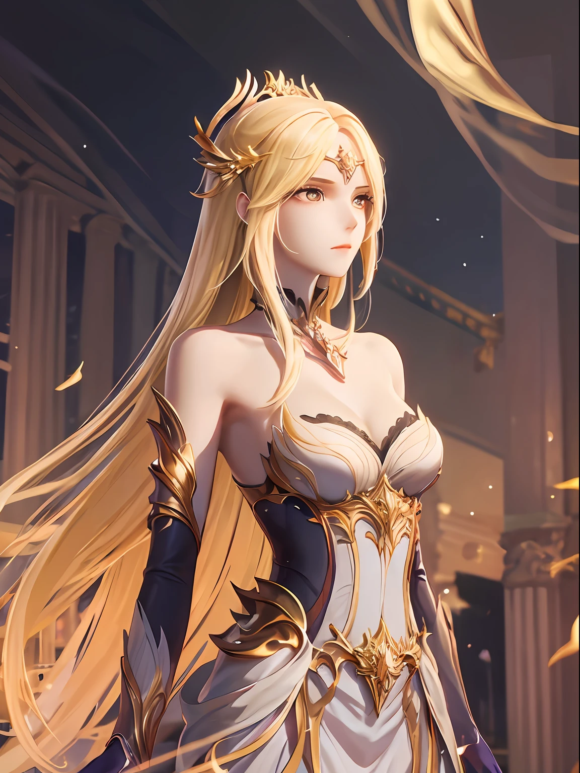 meticuloso、Wonderful、Perfect CG unity 8k wallpaper，High-quality depiction、The colors are pure and elegant，Exceptionally beautiful，Royal Sister，delicated、Dynamic Angle，moisty、Water droplets, Water mist、rays of moonlight、（Colorful light），Highlight yellow hair、Fair-skinned angel goddess Senyuki，Angel-like，Empty palace，eventide，Delicate facial features，full bodyesbian