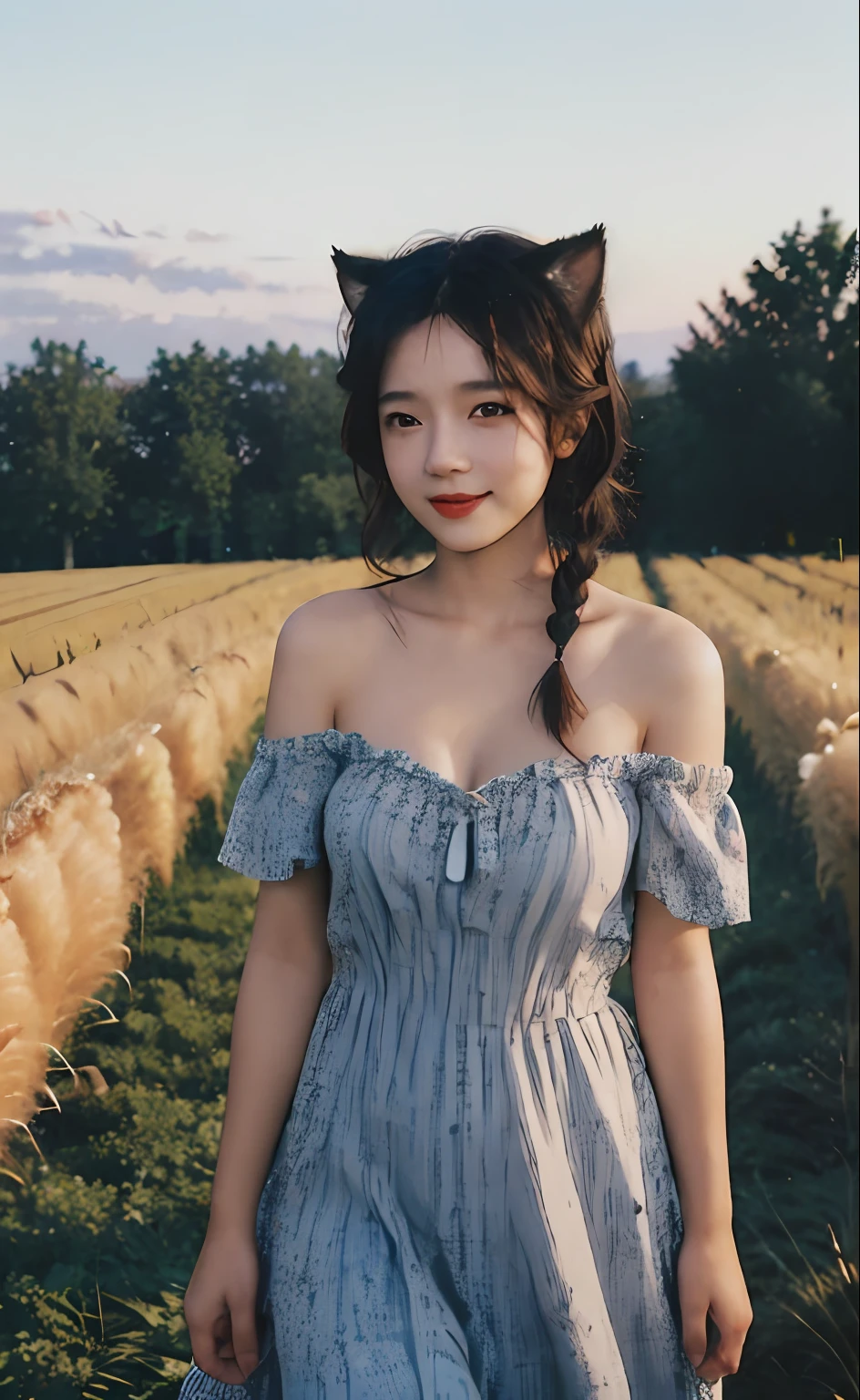young 1girl with braided hair and fluffy cat ears, dressed in Off-Shoulder Sundress, standing in a rustic farm setting. She has a soft, gentle smile, expressive eyes and sexy cleavage. The background features a charming barn, fields of golden wheat, and a clear blue sky. The composition should be bathed in the warm, golden hour light, with a gentle depth of field and soft bokeh to accentuate the pastoral serenity. Capture the image as if it were taken on an old-school 35mm film for added charm, looking at viewer