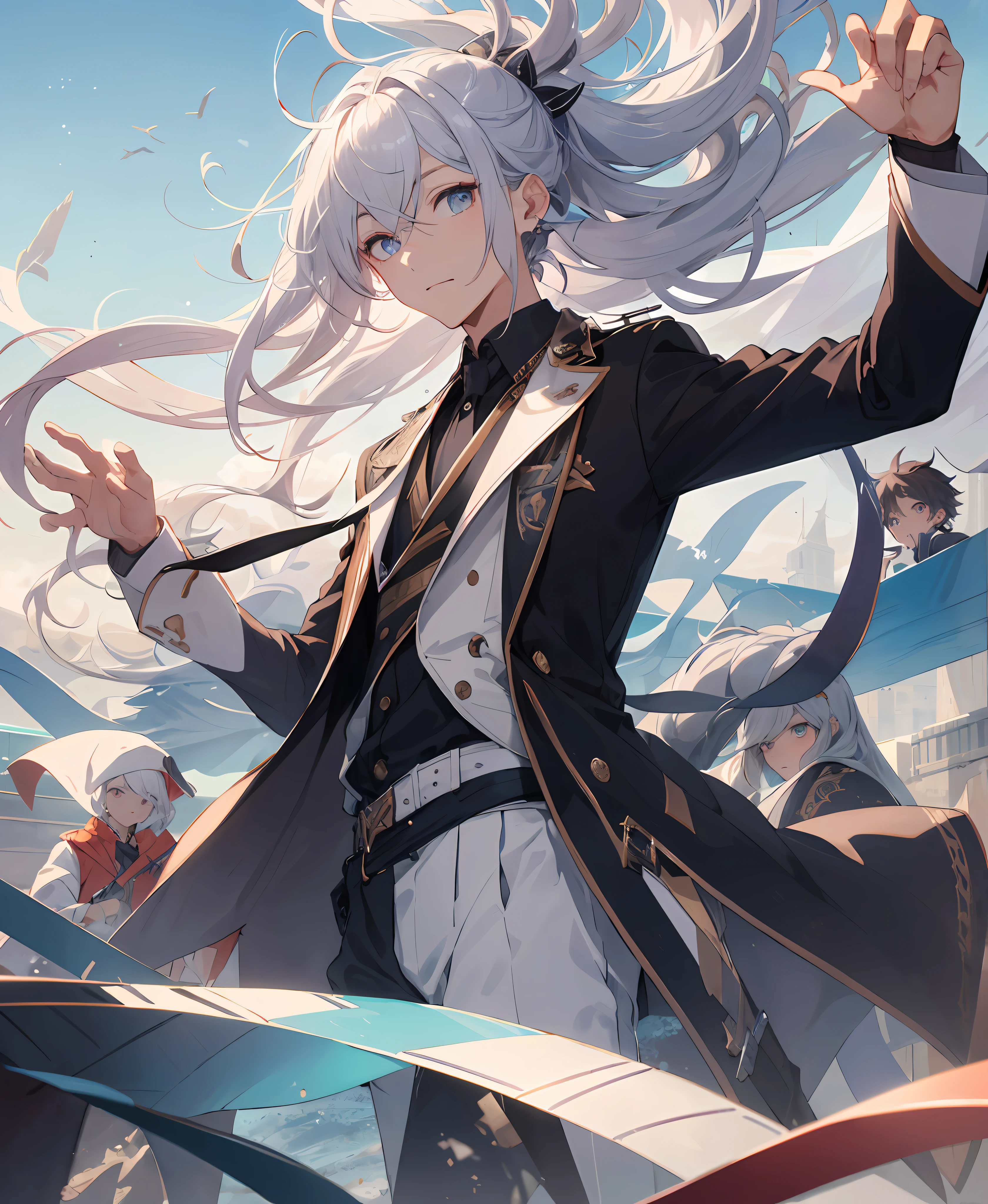 (tmasterpiece,Best quality at best,high high quality),1boys,((unfazed by)),sitted,looking at viewert,Silvery hair,(long whitr hair,messy hair),Iridescent eyes,:(,floated hair