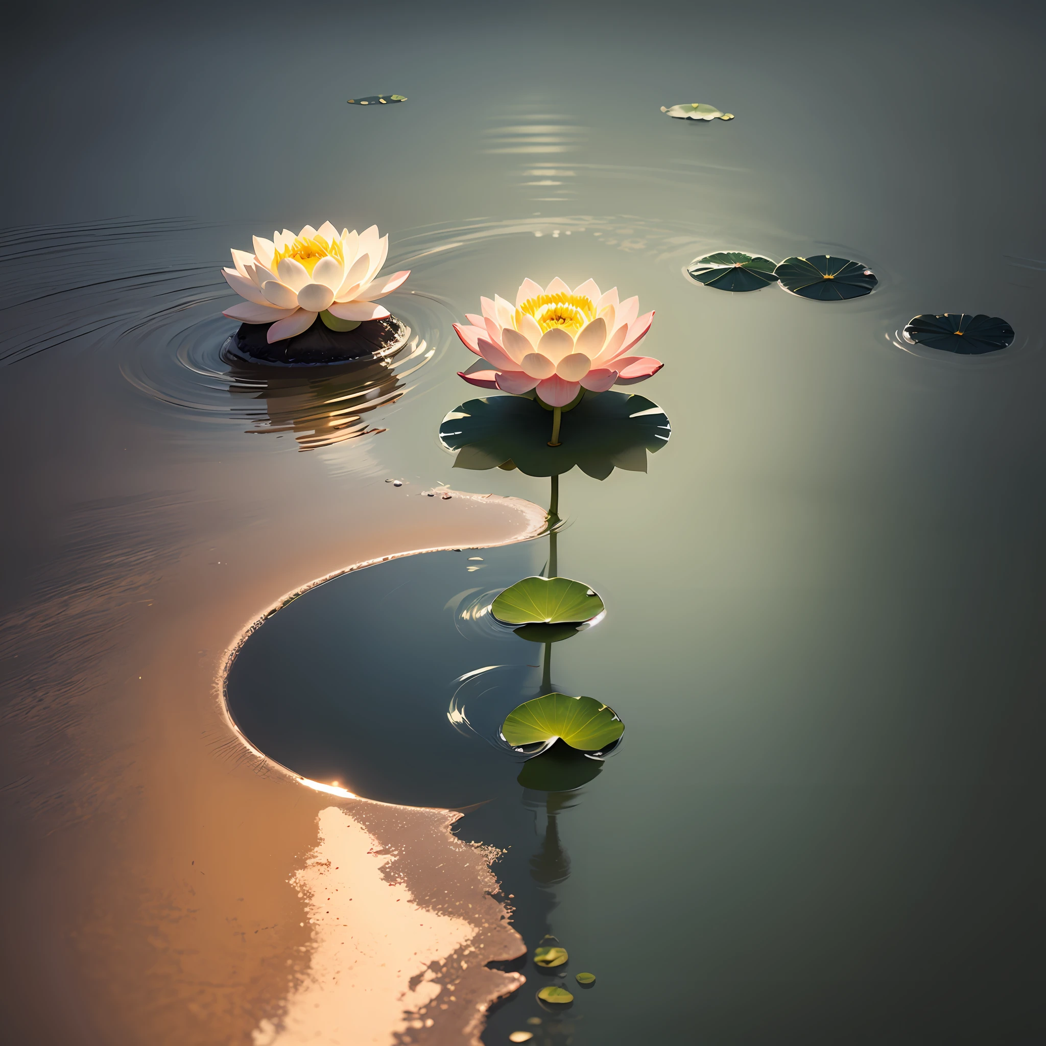 Many lotus flowers bloom on the surface of the water,greybackground,simple backgound,in the style of light orange and light beige,minimalist images,photographic installations,Paleonucleus,Green accents and crimson,ultra-realistic realism,Poetic intimacy --auto