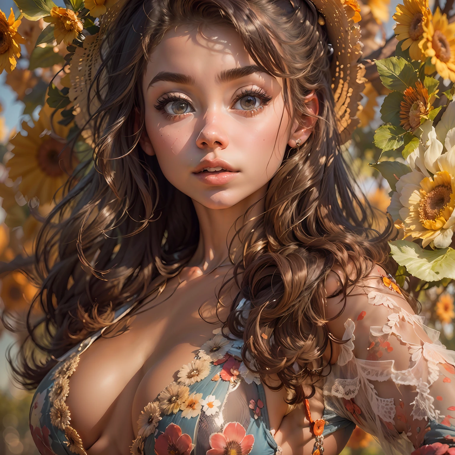 Gorgeous 19 year old girl ("Sarah Hyland"), voluptuous body, looking at camera, Hyperrealism, bloom, UHD, best quality, highres, high details, 8k