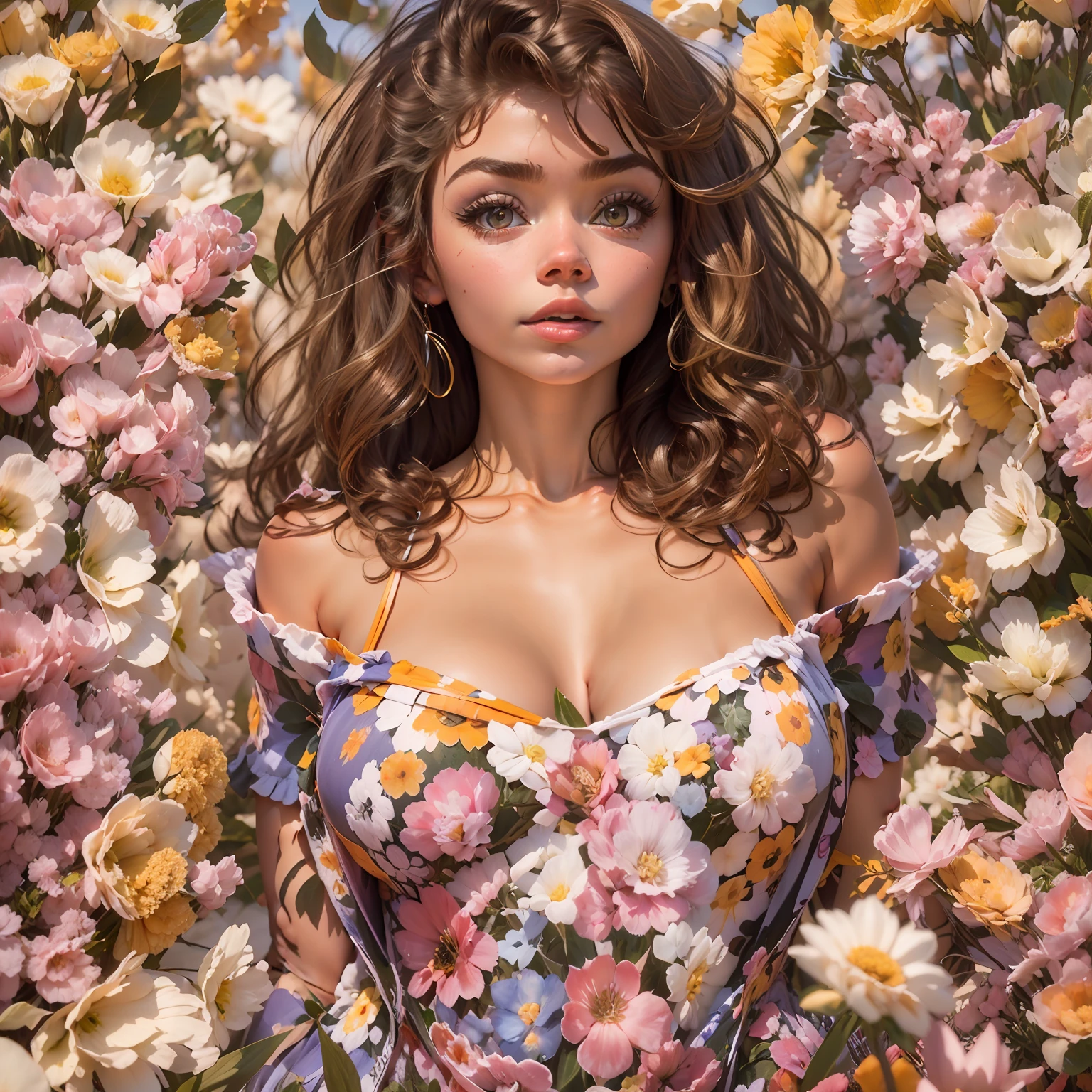 Gorgeous 19 year old girl ("Sarah Hyland"), voluptuous body, looking at camera, Hyperrealism, bloom, UHD, best quality, highres, high details, 8k