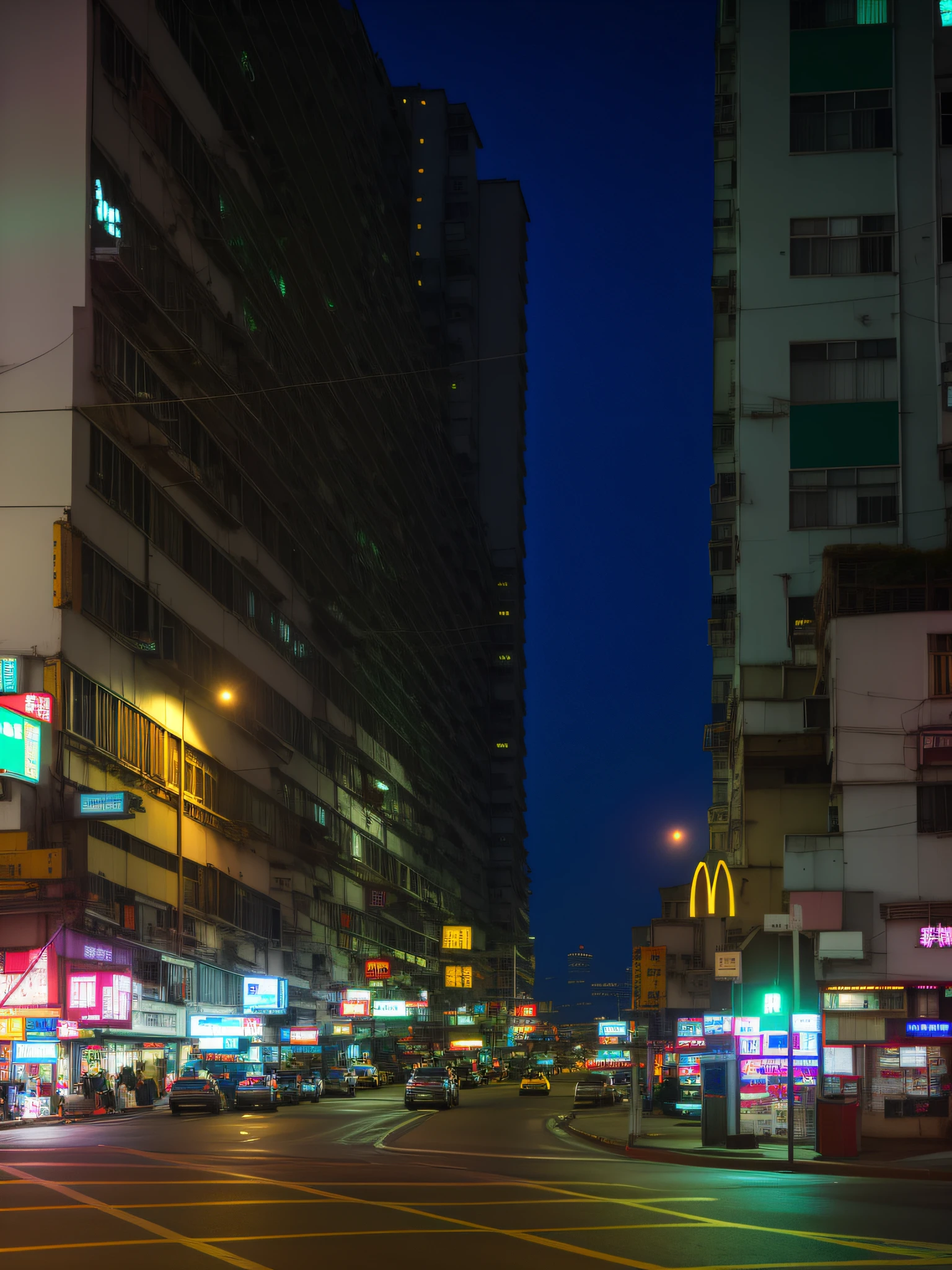 8k, RAW, Best-quality, Night view of a busy street, McDonald's Restaurant, a still of Kowloon, street of hong kong, Kowloon, cyberpunk style, Synth waves, vapor waves, neon-light, futuristic, street of hong kong, view from the streets, high-res, Cinematic Perspectives, masterpieces, sense of lonely and depressing, surrealism。