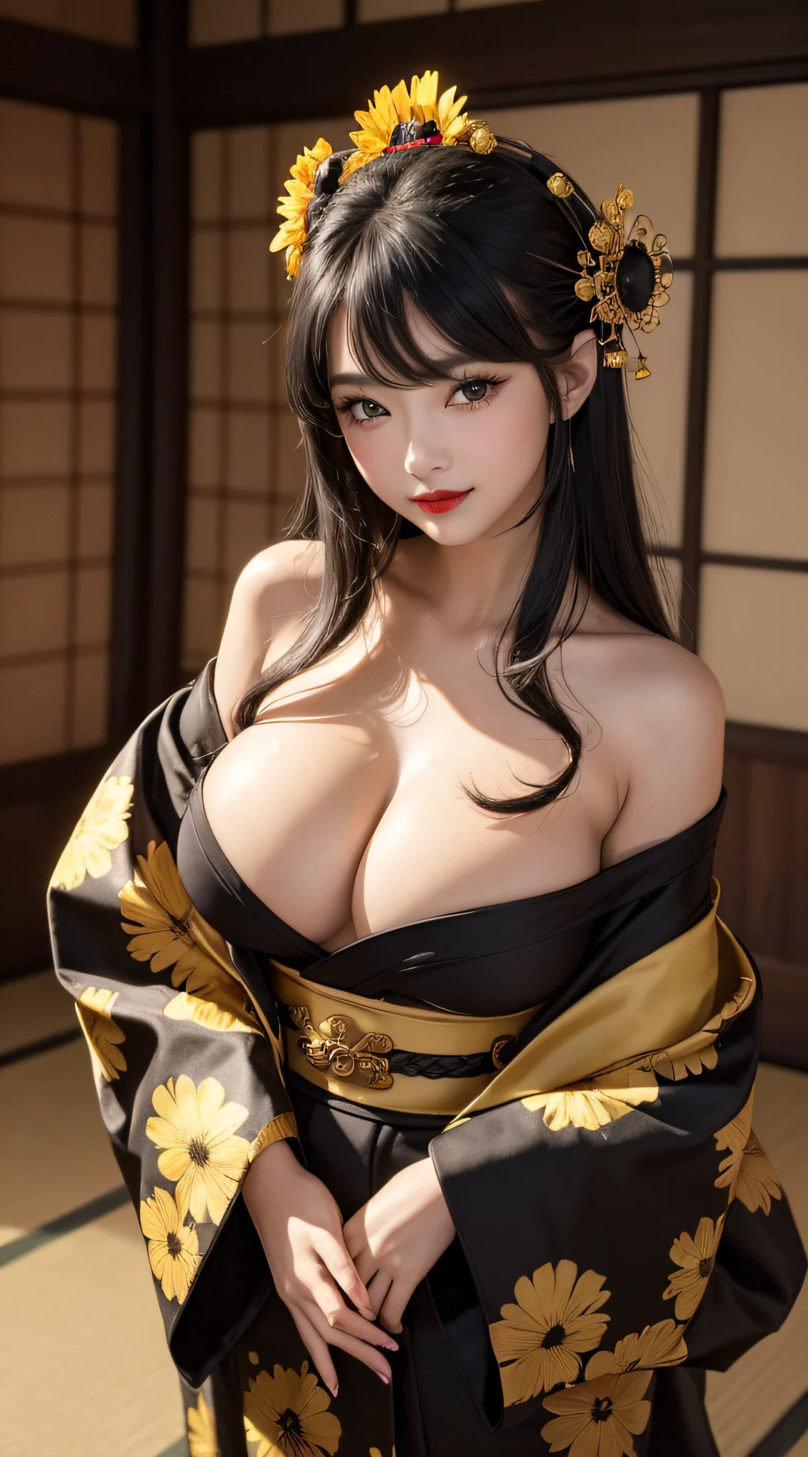 (Top image quality、8k、masuter piece:1.3))、(Realistic:1.2)、(1 Boy 1 Girl)、20yr old、a baby face、a smile、the kiss、Sunflower field、huge tit、(Deities々Bright gorgeous black and gold kimono:1.2)、Straight black hair、long kimono、(Oiran:1.3)、Delicat eyes、二重まぶた、(Very dark eyeliner)、red-lips、Soft breasts、delicated face
