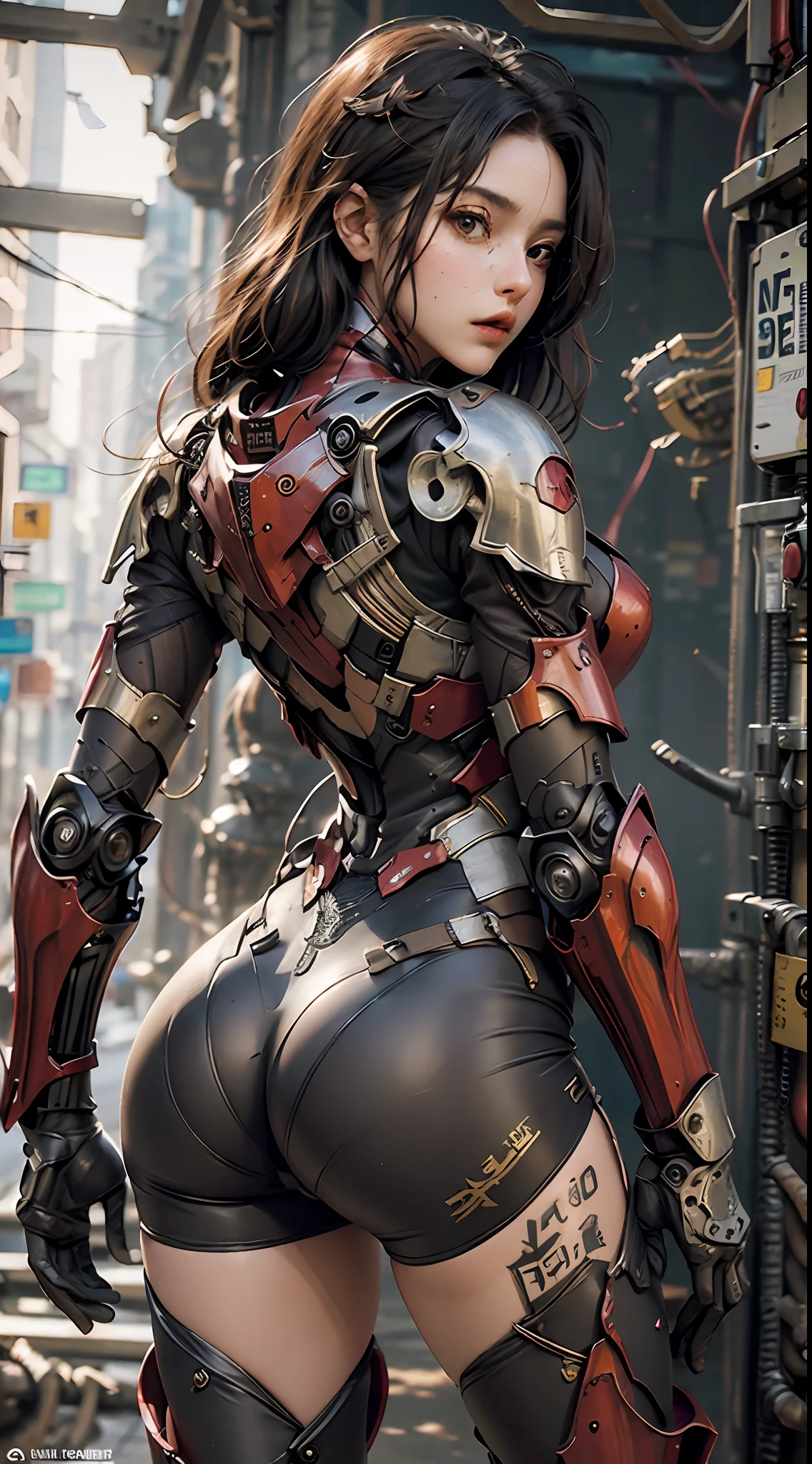 (Masterpiece), (Best quality), Photorealism, Realistic, Ultra detailed, Perfect face, Perfect body, 1girll, Beautiful girl, Girl in red armor, Mechanical armor, exoskeleton, Stand, Cool pose, Sexy, Watching from behind
