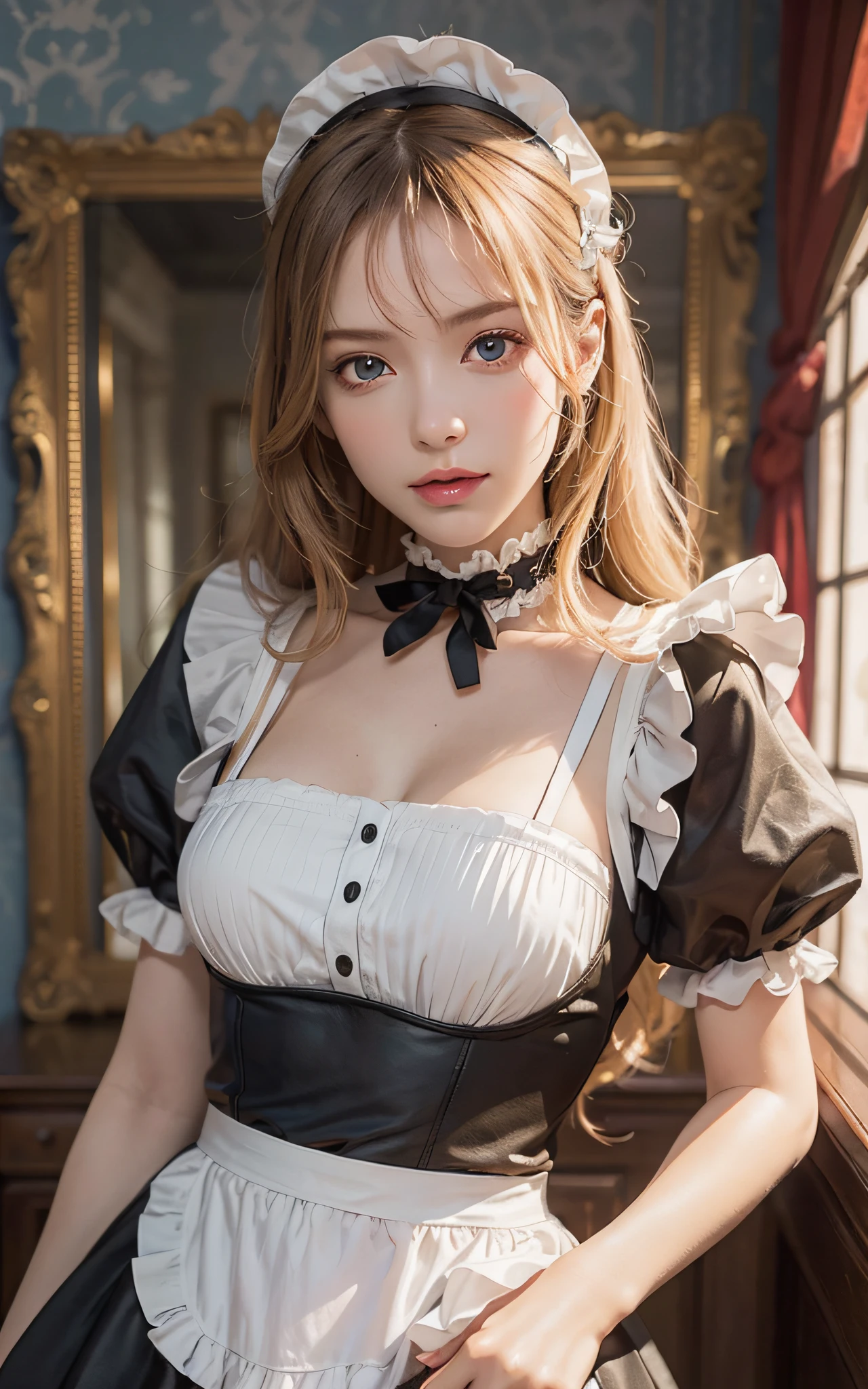 (Raw foto:1.2), masterpiece, in 8K, hight resolution, (Photorealsitic:1.4), hyperrealistic girl, extremely detailed eye and face, beatiful detailed eyes, Realistic face, hight resolution, ighly detailed, top-quality, masterpiece, ighly detailed,, magnifica, mansion, top-quality, 电影灯光, a blond, a 20 yo woman, (ssmile:0.5), Head dress, (maid clothes), a black ribbon, White Apron, puff sleeves, collars, a choker, Apron with detailed ruffles, Black Maid Costume, side-tie panty,