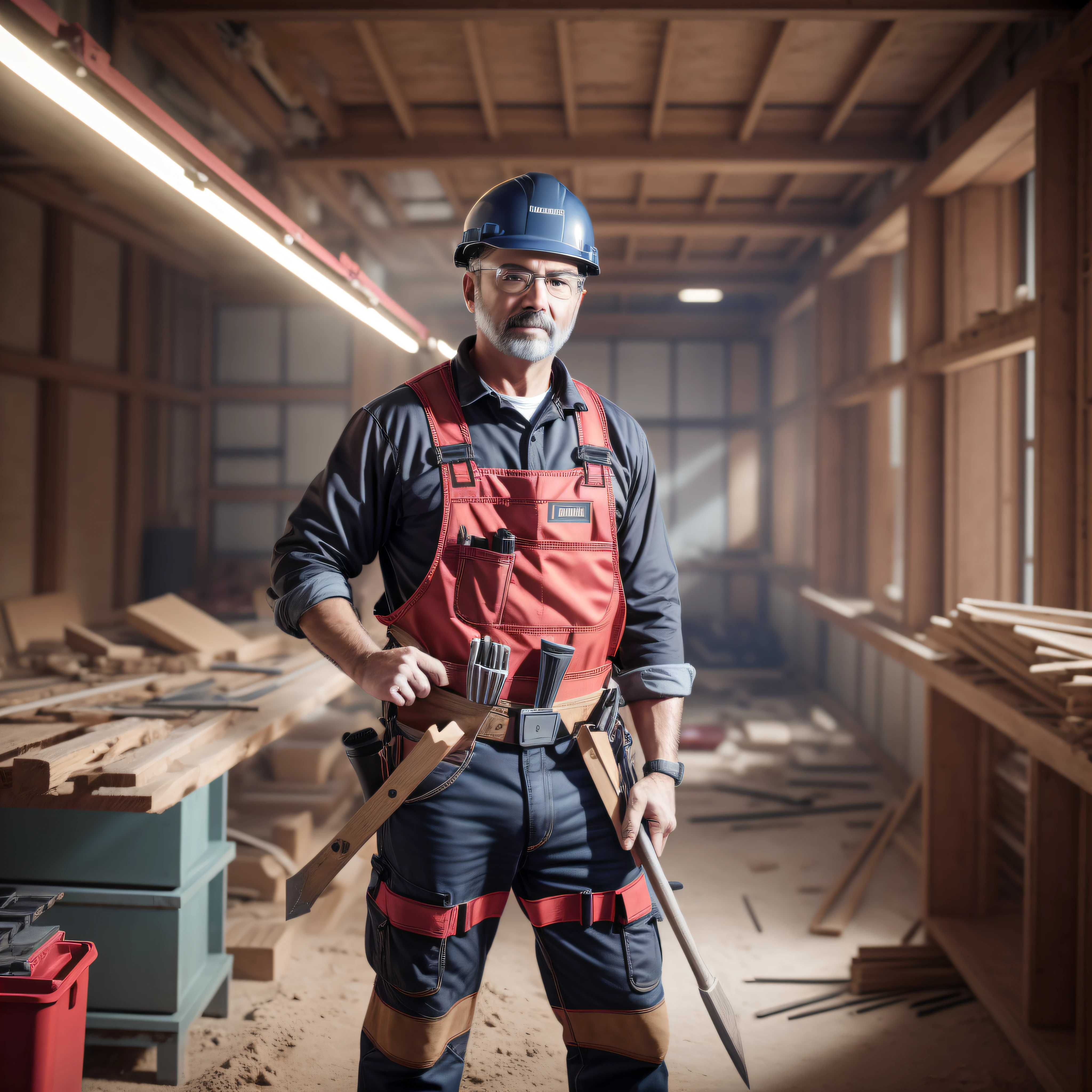 1 man, building project, construction background, workwear, red and black protective uniform, building tools in hands, brown hair, depth of field, cinematic lighting, Fujicolor, film grain, wide shot, Fujifilm, UHD, masterpiece, 16k, best quality, super detail