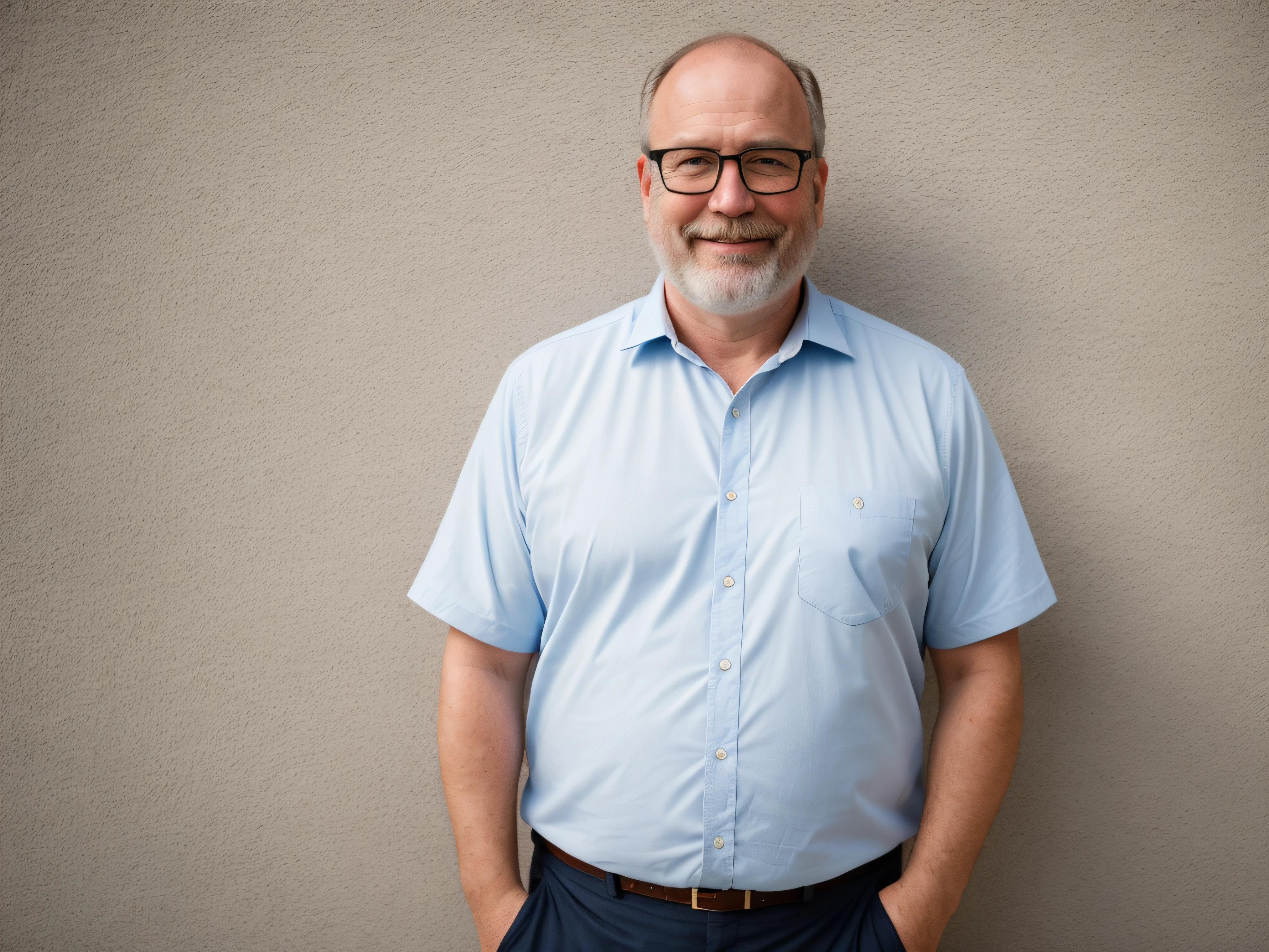"High-quality RAW photo: Portrait of a friendly 55-year-old Caucasian average looking, chubby, Englishman, balding, bearded, not handsome man, wearing a dark navy-blue shirt and glasses. Relaxed. Show upper body. Smiling broadly. He is standing against a clean, bright white wall, showcasing his natural skin pale tones. Natural lighting. Shot in 8K UHD resolution with film grain aesthetics." resembling Fujifilm XT3."