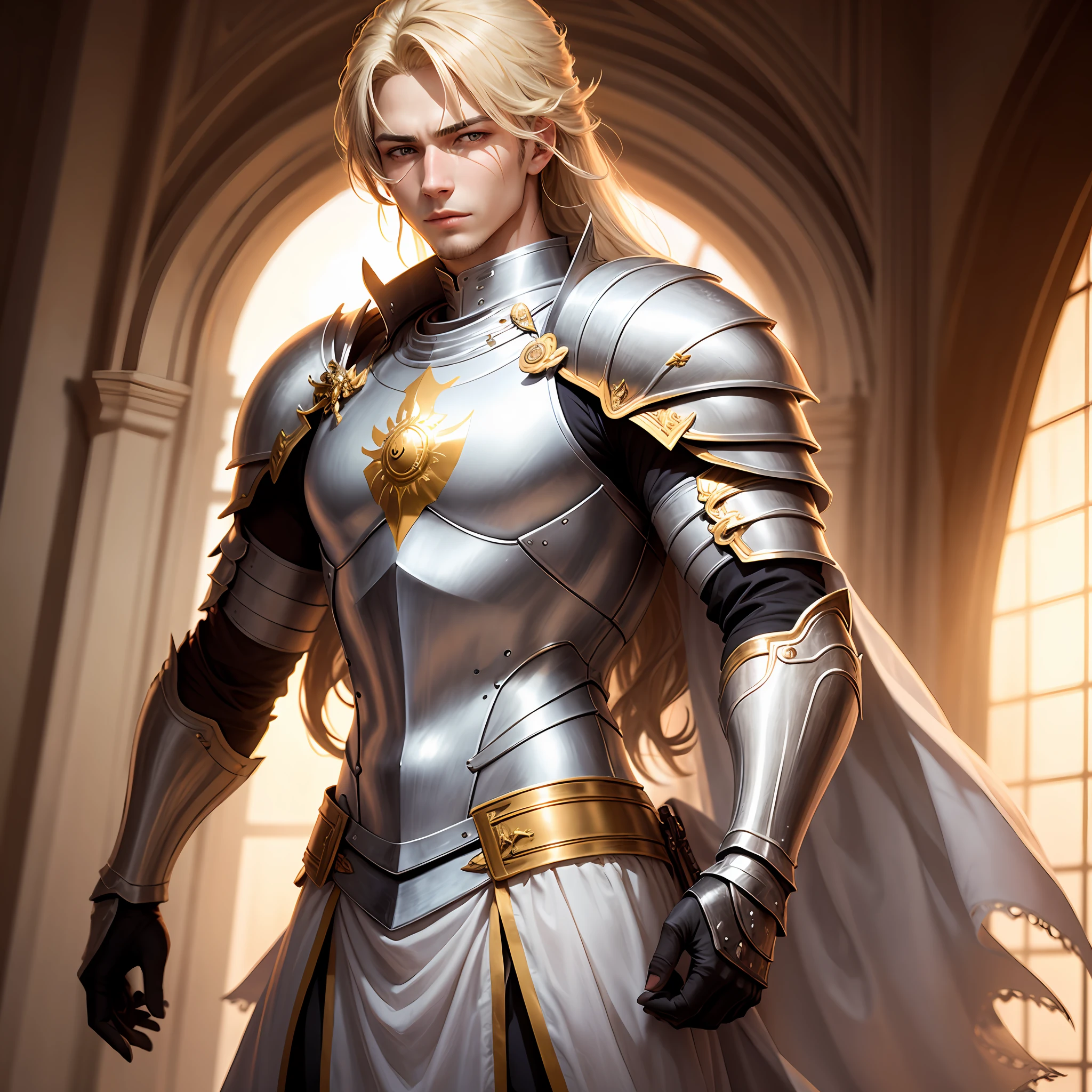 Male Knight, sun, Golden hair, golden eyes, white clothing, Golden Clothes, Smooth face