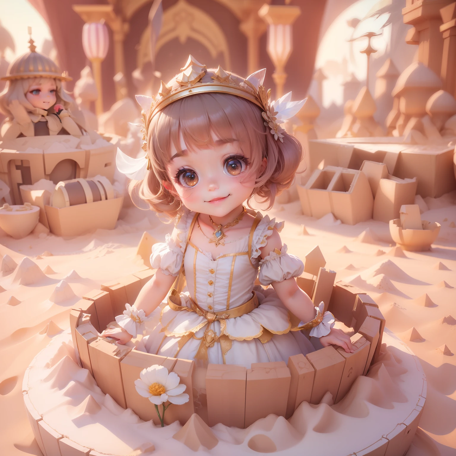 (sandbox:1.4),in a panoramic view，Solo, full body，tchibi，Cute little girl, Delicate headgear，ssmile，Rococo style，Material de vidro，Crystal material，extremely detaile, Cinematic lighting effects，4K，tmasterpiece，offcial art