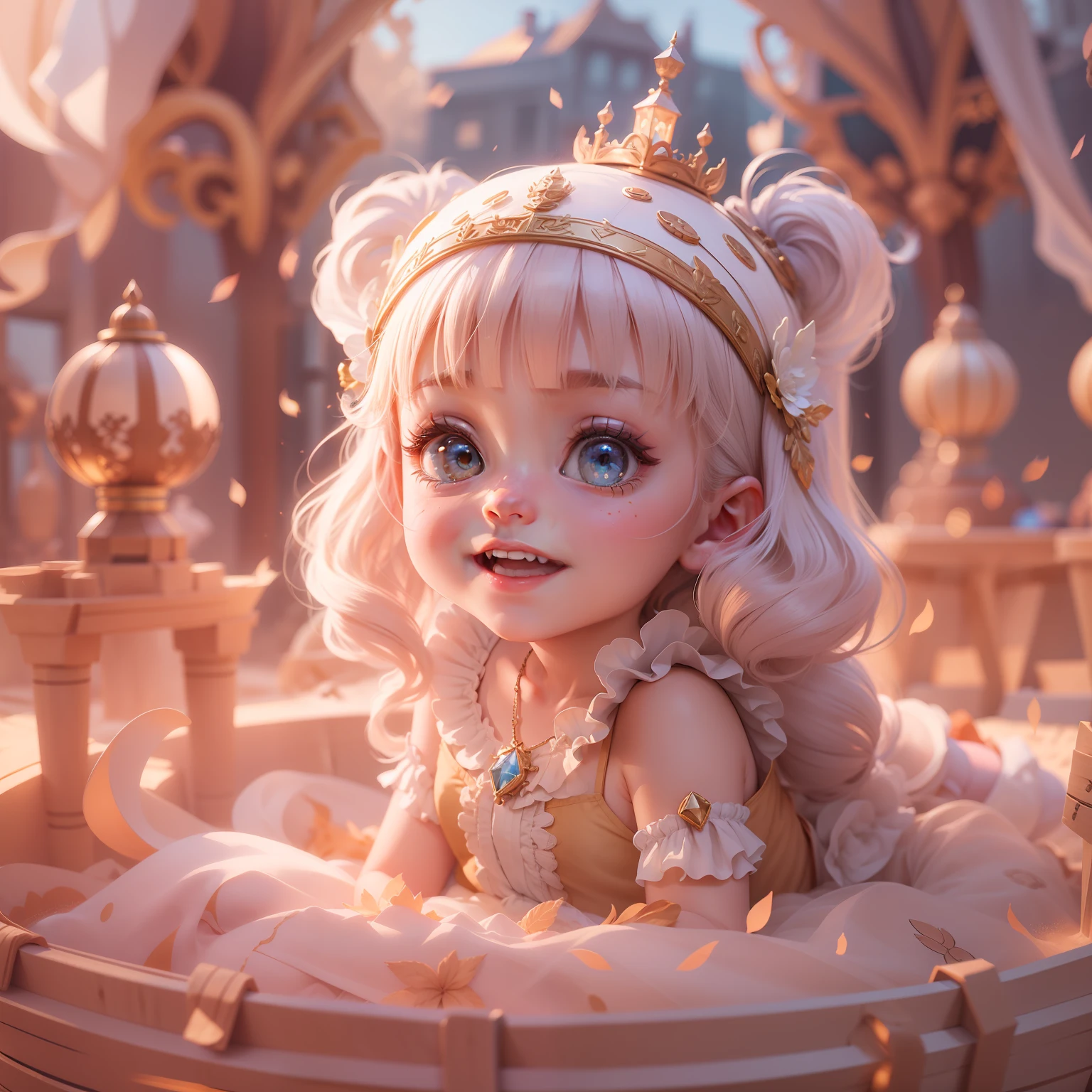 (sandbox:1.4),in a panoramic view,Solo, full body,tchibi,Cute , Delicate headgear,ssmile,Rococo style,Material de vidro,Crystal material,extremely detaile, Cinematic lighting effects,4K,tmasterpiece,offcial art