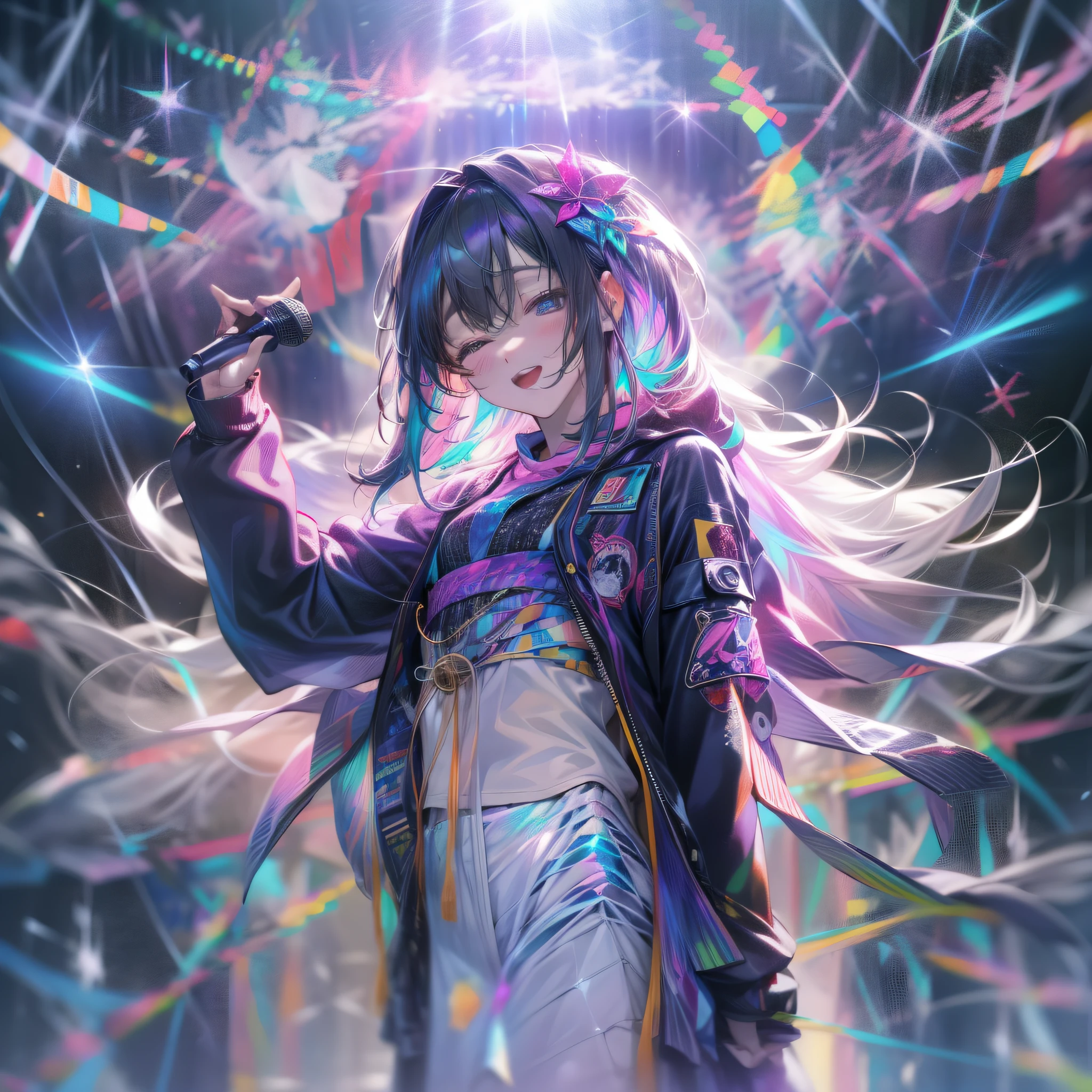 Drawn in 8K ultra-high resolution、Stages of the near future。At the center of the stage is、One girl is standing。Her hairstyle is short cut with black hair、Hologram pink and purple inner colors shine。
Her attire is、A style that blends the future and the modern。Black jacket with sequins、White miniskirt reflecting light。At the foot、Sneakers in different colors that match her steps。
In her hands、Holographic microphone is held。It changes color and shape in response to her singing voice and emotions.、It symbolizes the connection between the audience and her。
Spreading behind、A huge stage decorated with neon lights。At the top of it is、There is an intricate holographic screen.、Enhance her performance。
Her expression was、brightened、Full of gratitude。Close your eyes、Put your hands on your chest、Say thank you。「Thank you」。The voice is、Spread from surrounding holographic speakers、Reach the entire audience。
The surroundings include、Who enjoys her performance々There is a、Holographic bouquets and cheering messages flutter through the air。Her gratitude and the joy of the audience come together.、Creates a spectacular scene of gratitude。