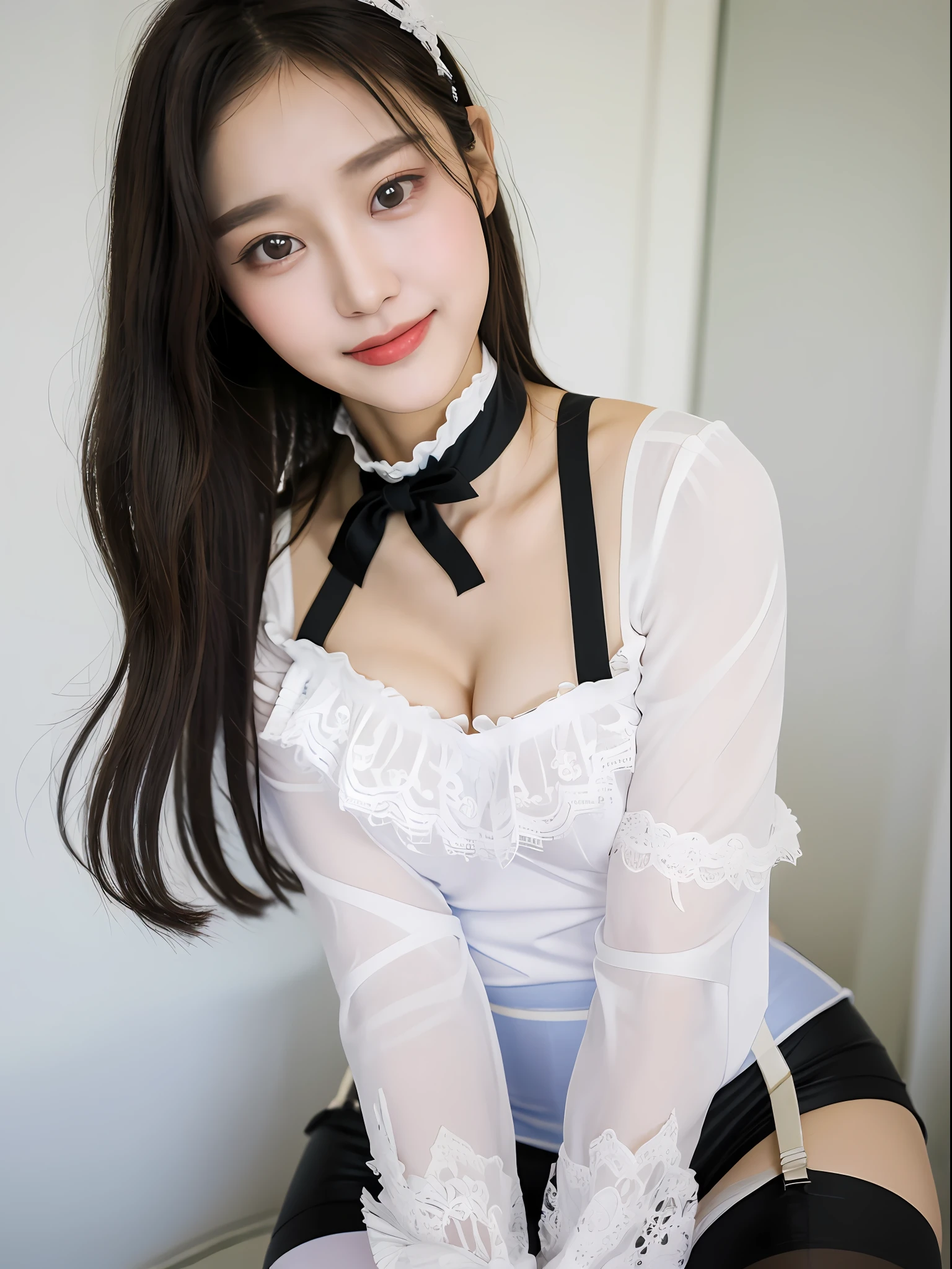 ((Best picture quality, 8K, tmasterpiece:1.3)),1girll,(Headband hairpins),Ultra-fine face,A detailed eye,ssmile,The chest is large,Slender abs,The butt is upturned,((White color blouse,black suspenders stockings)),