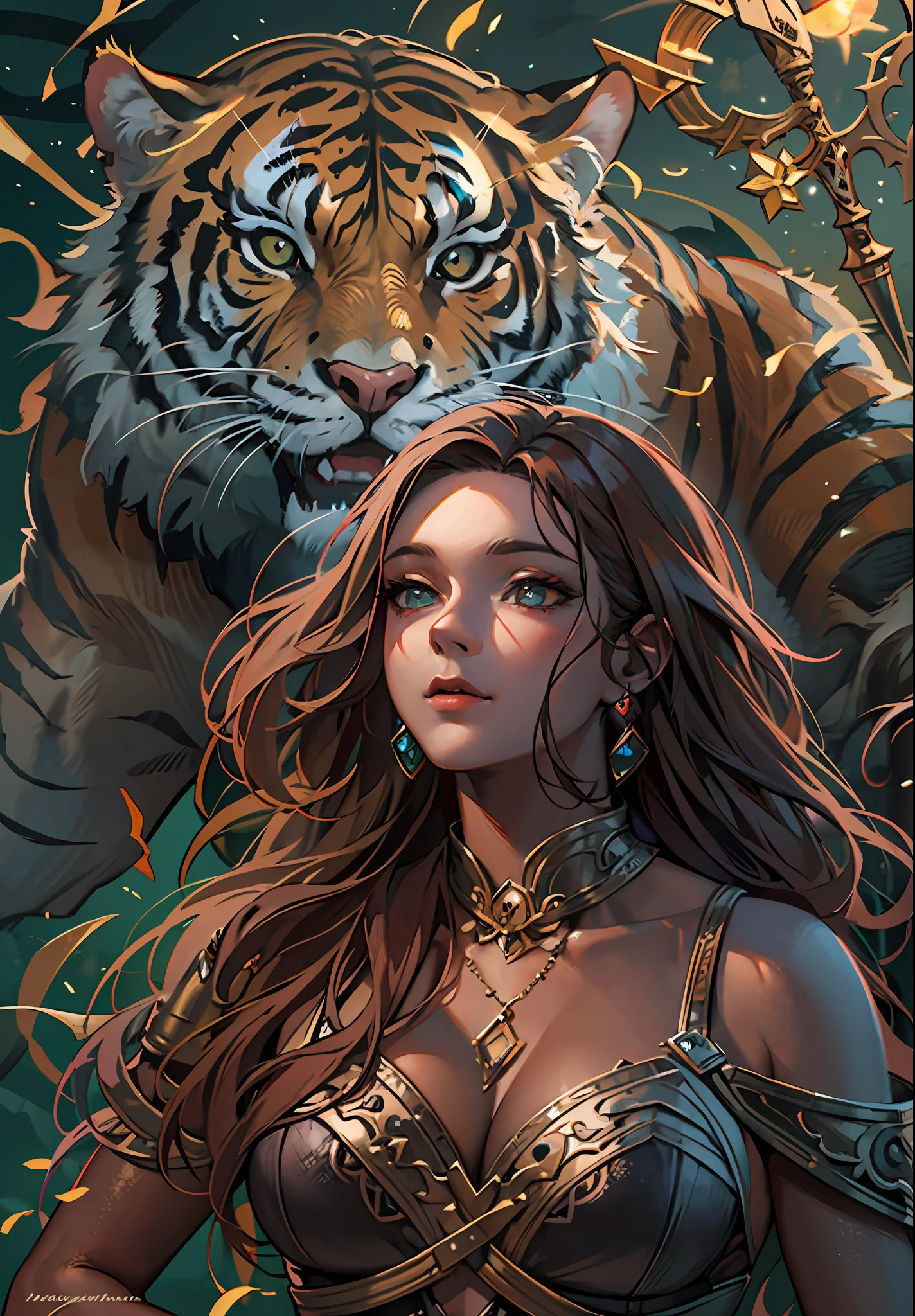 A close-up of a woman with a tiger behind her, (full body), Fantasy Art Style, 8k High Quality Detailed Art, 4k Highly Detailed Digital Art, Stunning digital Illustrations, Detailed Fantasy Art, Detailed Fantasy Digital Art, Exquisite Digital Illustrations, Highly Detailed Fantasy Art, 4k Detailed Digital Art, Fantasy Style Art, Trending Digital Fantasy Art, Epic fantasy art style HD,Leo constellation