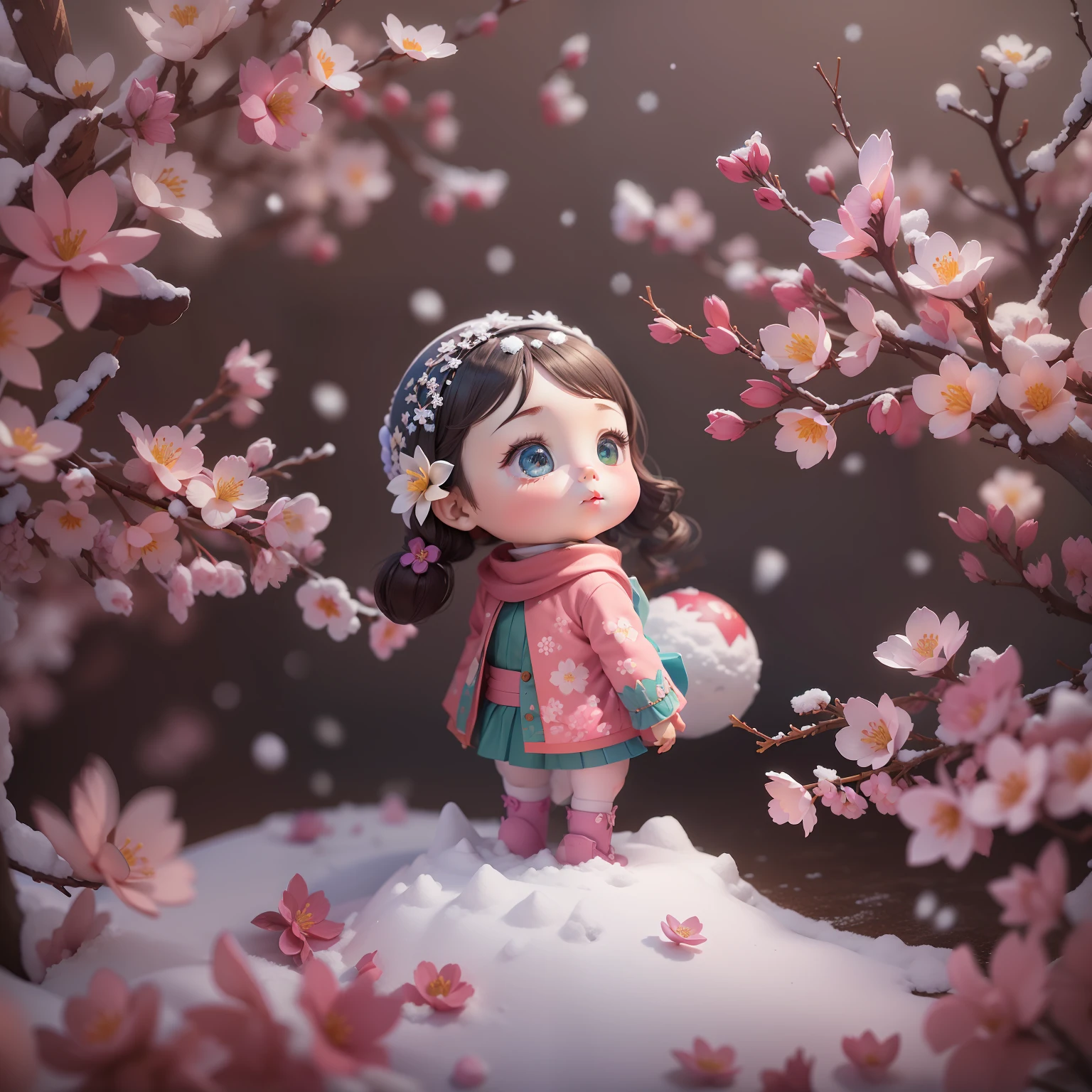 illustration: 1.3), (paper art: 1.4) a 3D render, , (cute female child:1.3), (Representative work plum blossoms:1.2)(Masterpiece snow:1.2) , Colorful, Best quality, Detailed details, Masterpiece, offcial art, movie light effect, 4K, Chiaroscuro , Flash