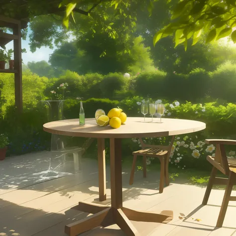 commerciaphotography,in a garden,there is a wooden table,lemon on the table,sparkling water,it's like a weekend garden dinner,it...