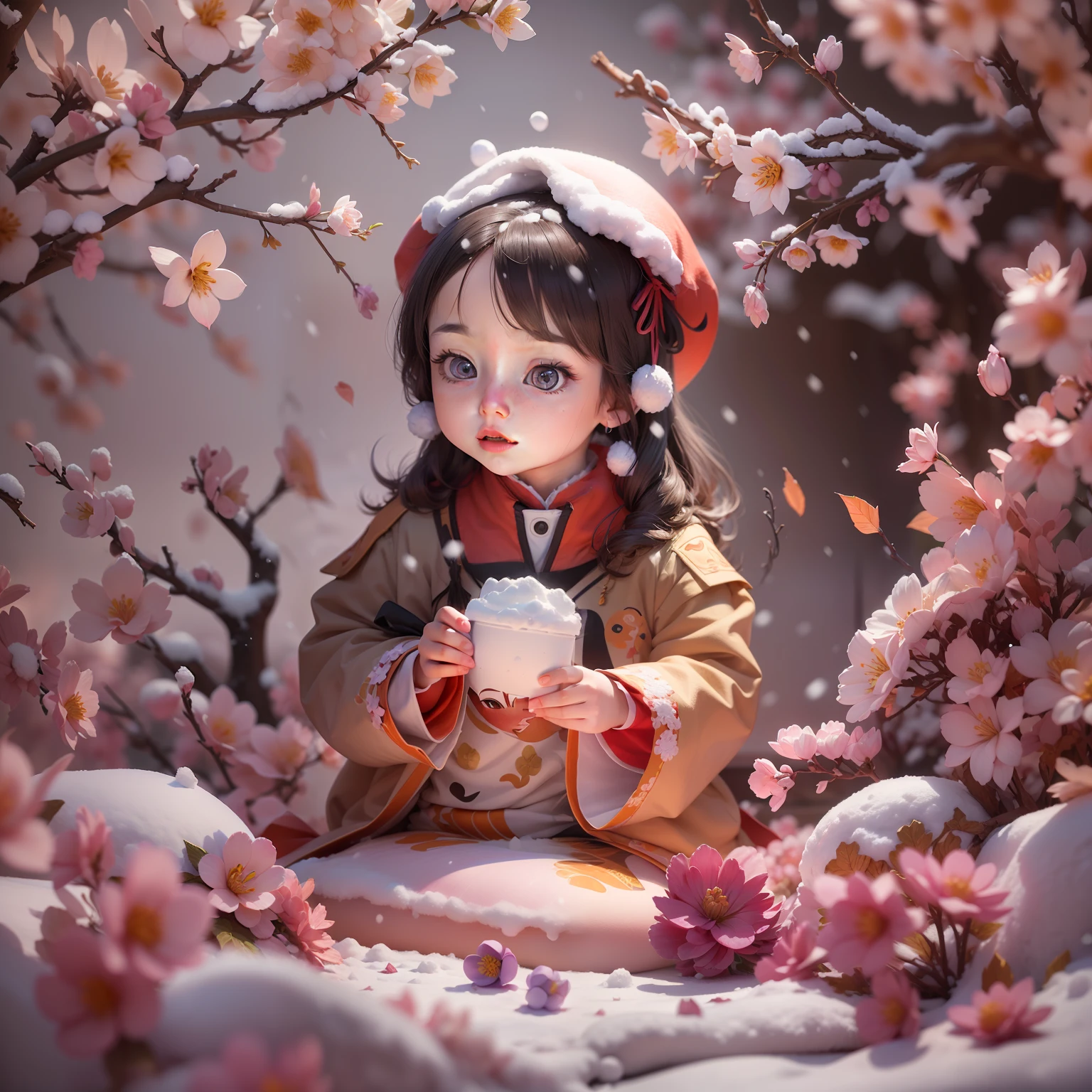 illustration: 1.3), （paper art: 1.4） a 3D render, , (cute female :1.3), (Representative work plum blossoms:1.2)(Masterpiece snow:1.2) , Colorful, Best quality, Detailed details, Masterpiece, offcial art, movie light effect, 4K, Chiaroscuro , Flash