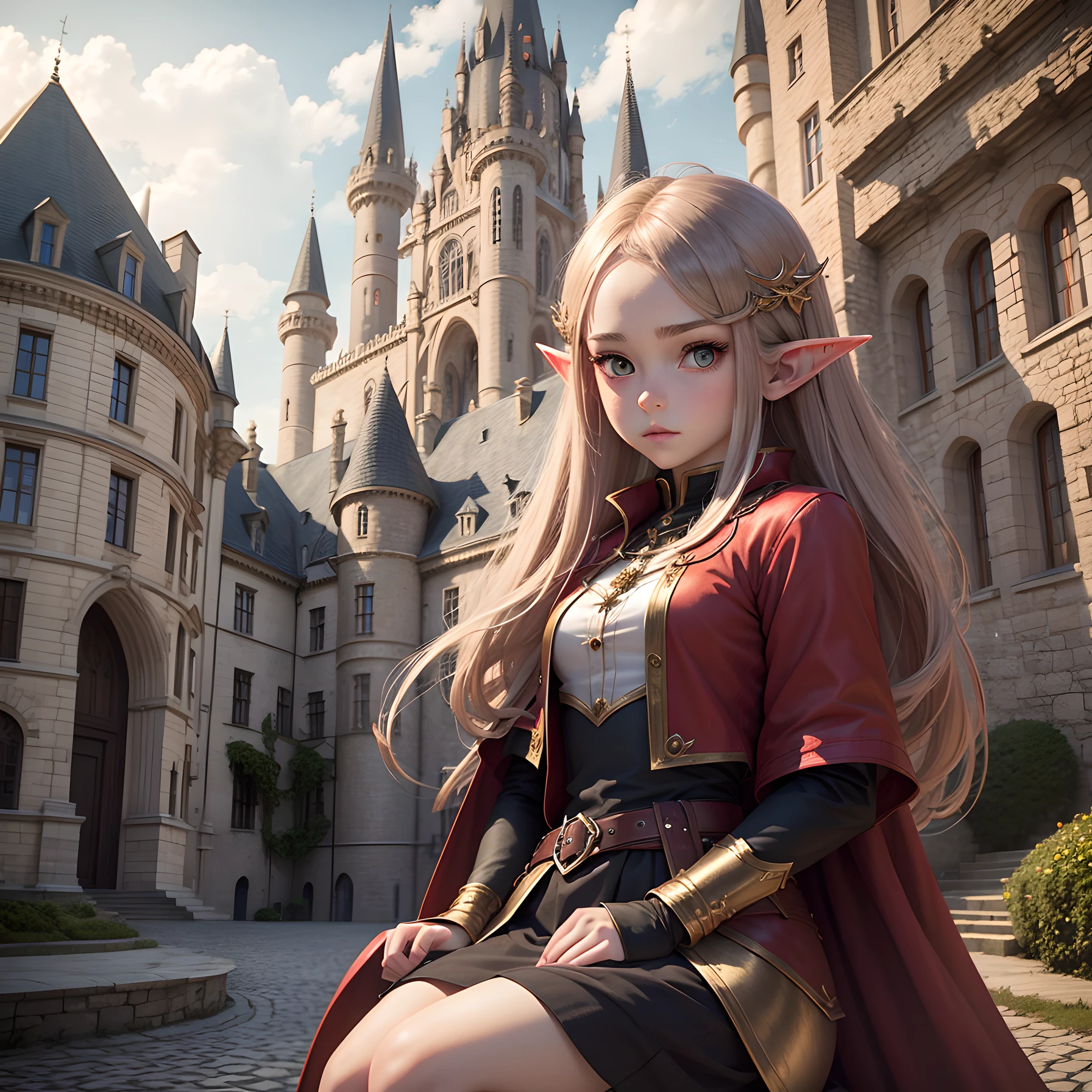 whaite hair，red pupils，teens girl，the elf，Anxiously waiting，In front of a European-style castle --auto