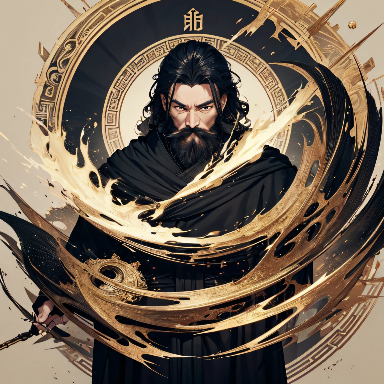 tmasterpiece, best qualityer, 1人, A 50-year-old man from China, Chinese beard, malefocus, solo person,Full body like, vibrant eyes, looking at viewert, a black cloak, robe, Keep one's mouth shut, Fantasy aesthetics, highly detailed, Shadow style ,the complex background --auto