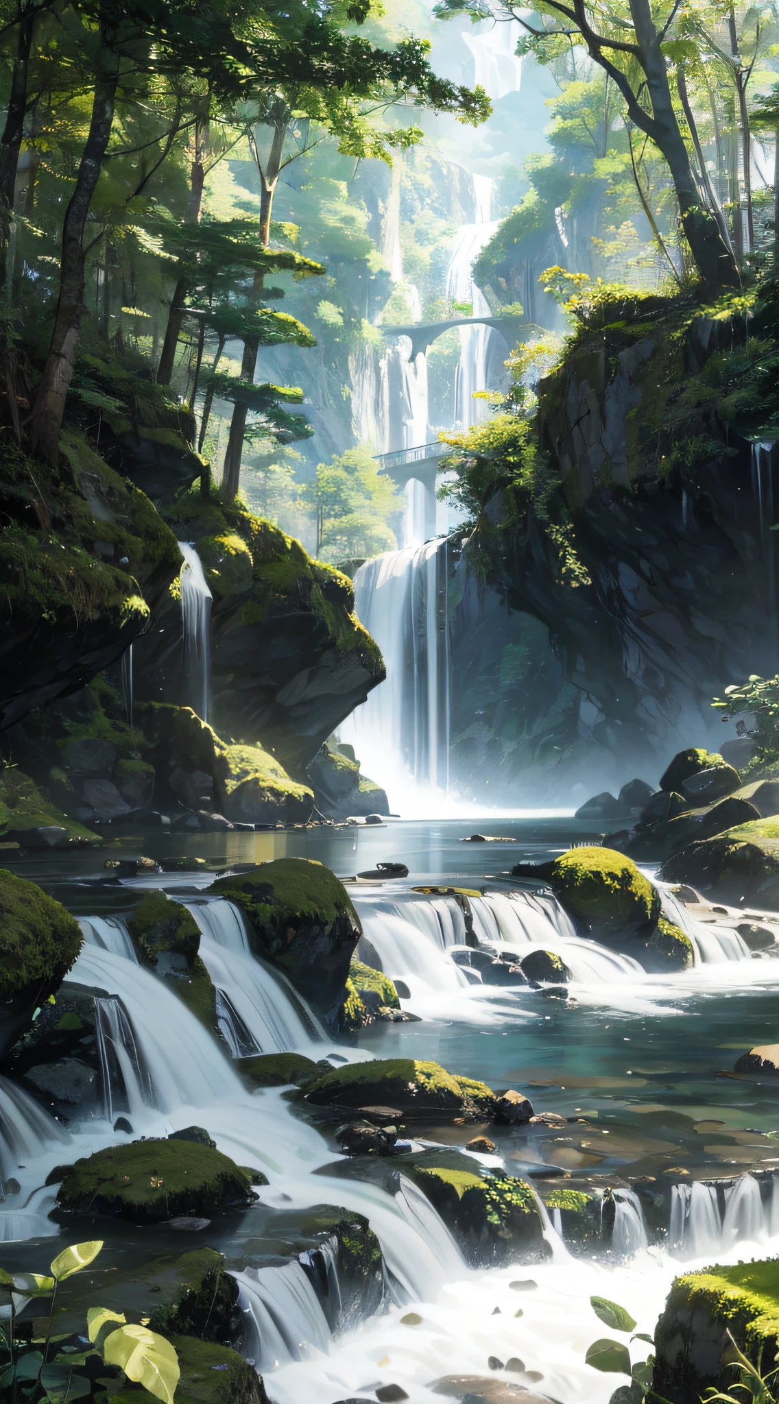 waterfallr,High hills,Bright light of flowing water、A high resolution、ultra - detailed,,Create an image using a prism effect,Light refracts and creates colorful、A kaleidoscopic look。 BREAK , design an image with fisheye lens effect,Capture a wide field of view with a unique curved perspective。 BREAK,Capture forest trails,towering trees,Dappled sunlight,Tranquil natural beauty。 --auto