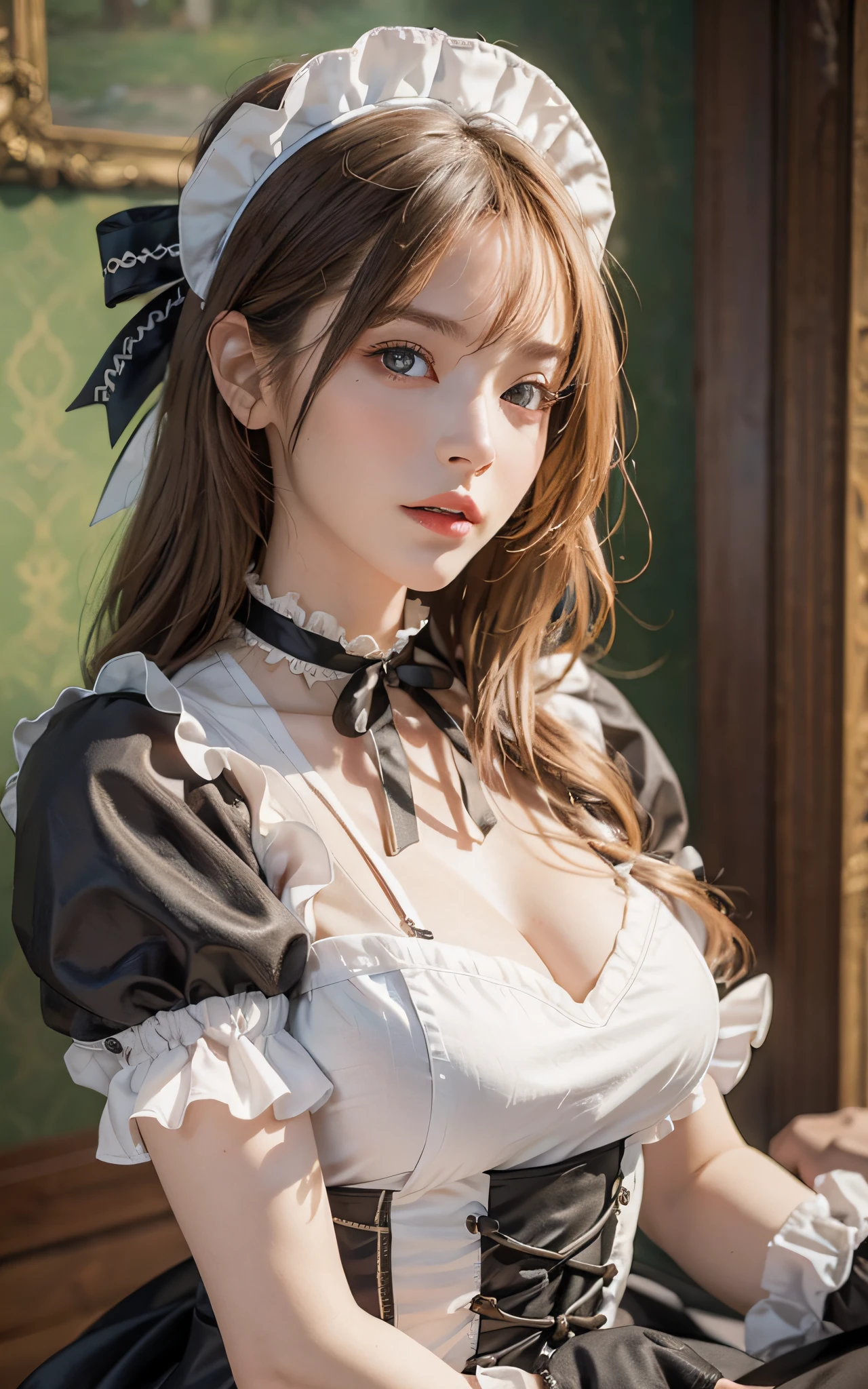 (Raw foto:1.2), masterpiece, in 8K, hight resolution, (Photorealsitic:1.4), hyperrealistic girl, extremely detailed eye and face, beatiful detailed eyes, Realistic face, hight resolution, ighly detailed, top-quality, masterpiece, ighly detailed,, magnifica, mansion, top-quality, 电影灯光, a blond, a 20 yo woman, (ssmile:0.5), Head dress, (maid clothes), a black ribbon, White Apron, puff sleeves, collars, a choker, Apron with detailed ruffles, Black Maid Costume, full back panties,