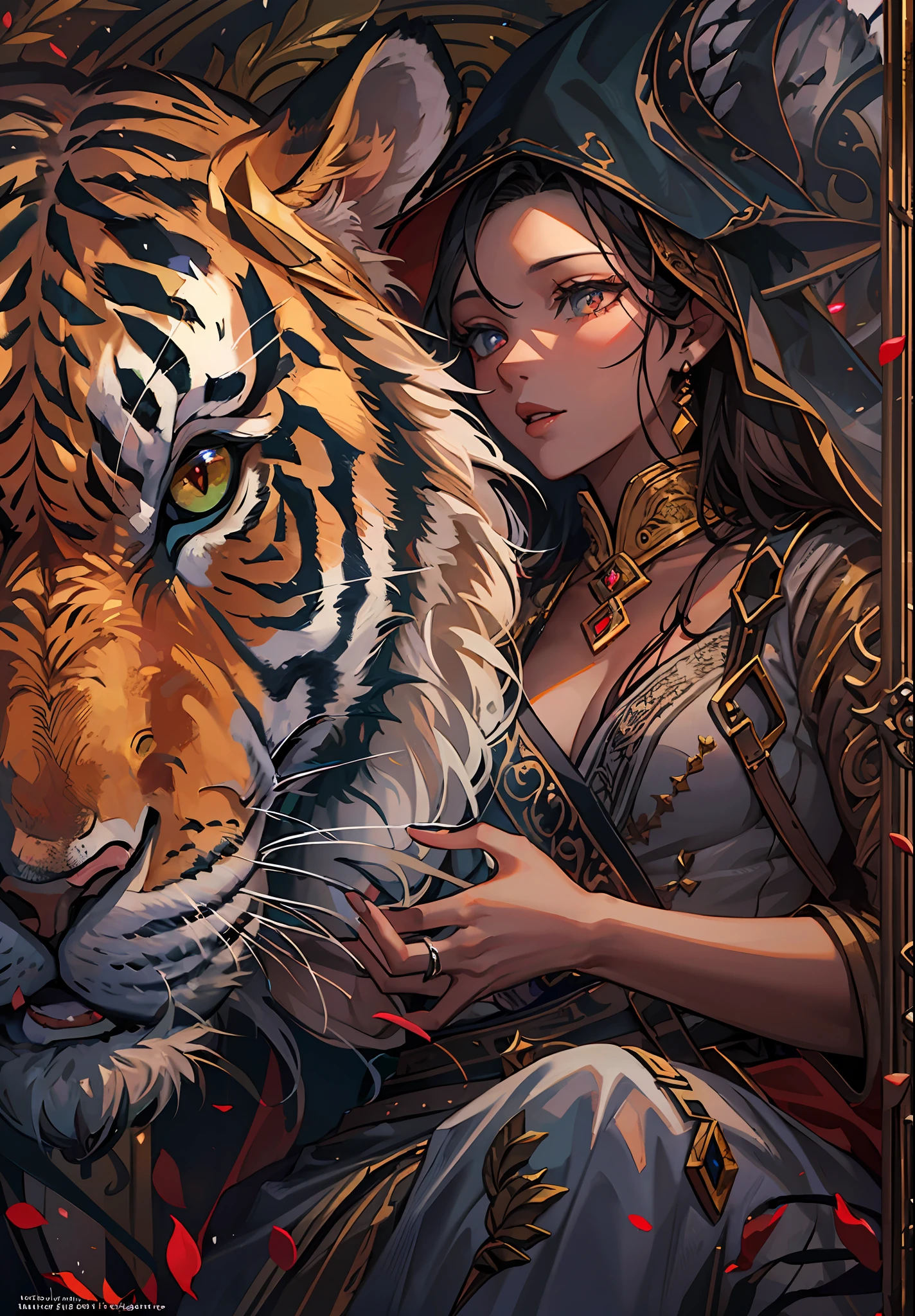 A close-up of a woman with a tiger behind her, (full body), Fantasy Art Style, 8k High Quality Detailed Art, 4k Highly Detailed Digital Art, Stunning digital Illustrations, Detailed Fantasy Art, Detailed Fantasy Digital Art, Exquisite Digital Illustrations, Highly Detailed Fantasy Art, 4k Detailed Digital Art, Fantasy Style Art, Trending Digital Fantasy Art, Epic fantasy art style HD