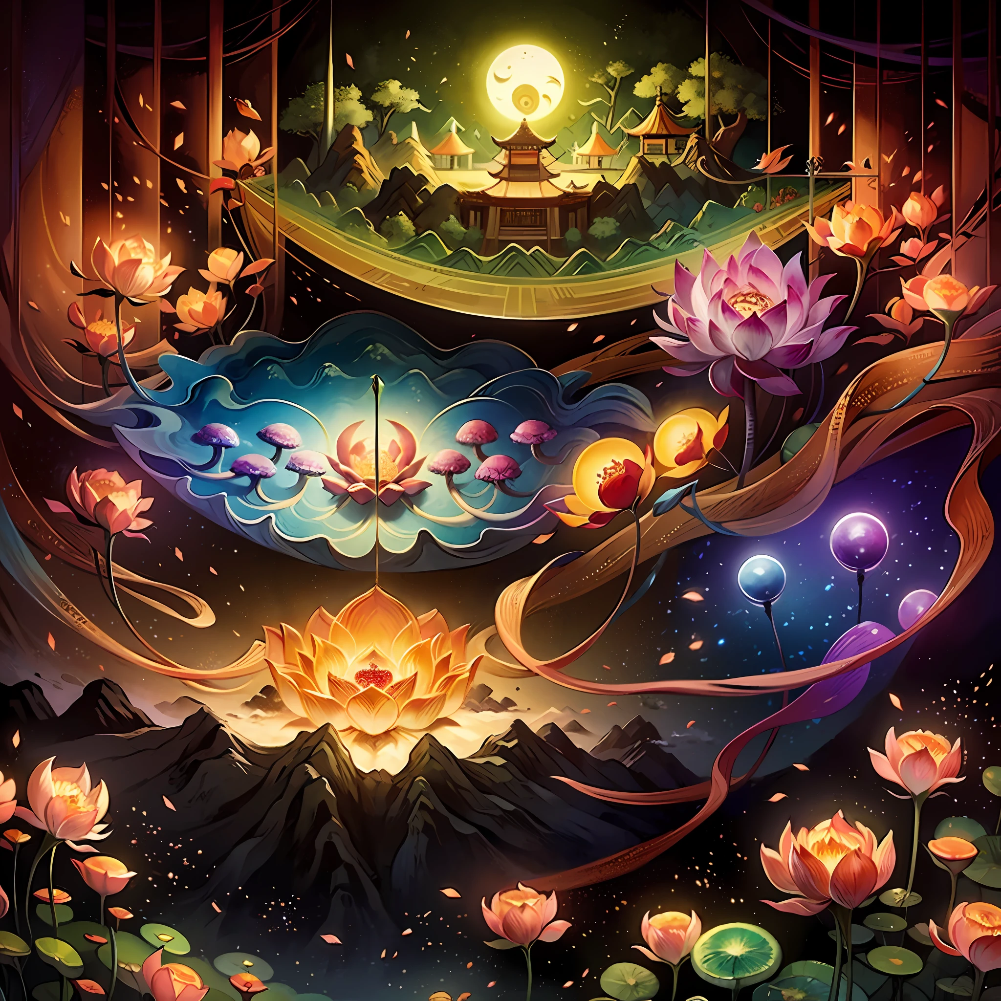 An ancient Chinese painting, ancient Chinese background, mountains, rivers, auspicious clouds, pavilions, sunshine,(psychedelic details),(mushrooms),lotus,(rainbow),(trippy),(DMT),intricate details, more details, high details,masterpieces, super detail, epic composition, ultra HD, high quality, extremely detailed, official art, unified 8k wallpaper,(show full objects ),Super detail, 32k -- v 1.7