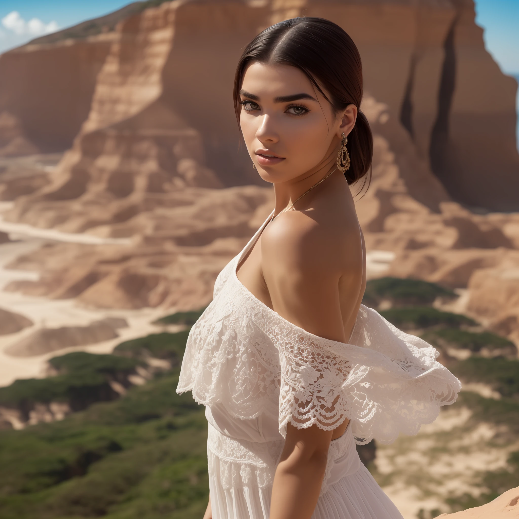 super modelo brasileira de 23 anos apresenta rosto latino,beleza de cair o queixo, Retrato Sophie Mudd, Dua Lipa, sexy:1.2 fine facial features,olhos castanhos,fisionomia simetrica,anatomicamente correto,usando ((Retro Style Summer Nostalgia Dress,made of CROCHÊ manual weaves, apply intricate details of crochet weft, Design estilo moderno,maxi dress (single shoulder:1.1) em cores vibrantes,florescente,posing on an ornate paradise cliff,vista pro oceano, Cinematic lighting, camada de zoom,Vista a 5 metros , super detalhe, pele texturizada, UHD, ambienete natural, cliffs in Canoa quebrada, ceara, Brasil, capiturado com Sony FE GM, Wide-Angle, Arremesso longo, panorama, macro foto, e Angular, ccurate, super detalhe, ccurate, UHD, melhor qualidade, high resolution 4K, Professional editing in Adobe Photoshop.