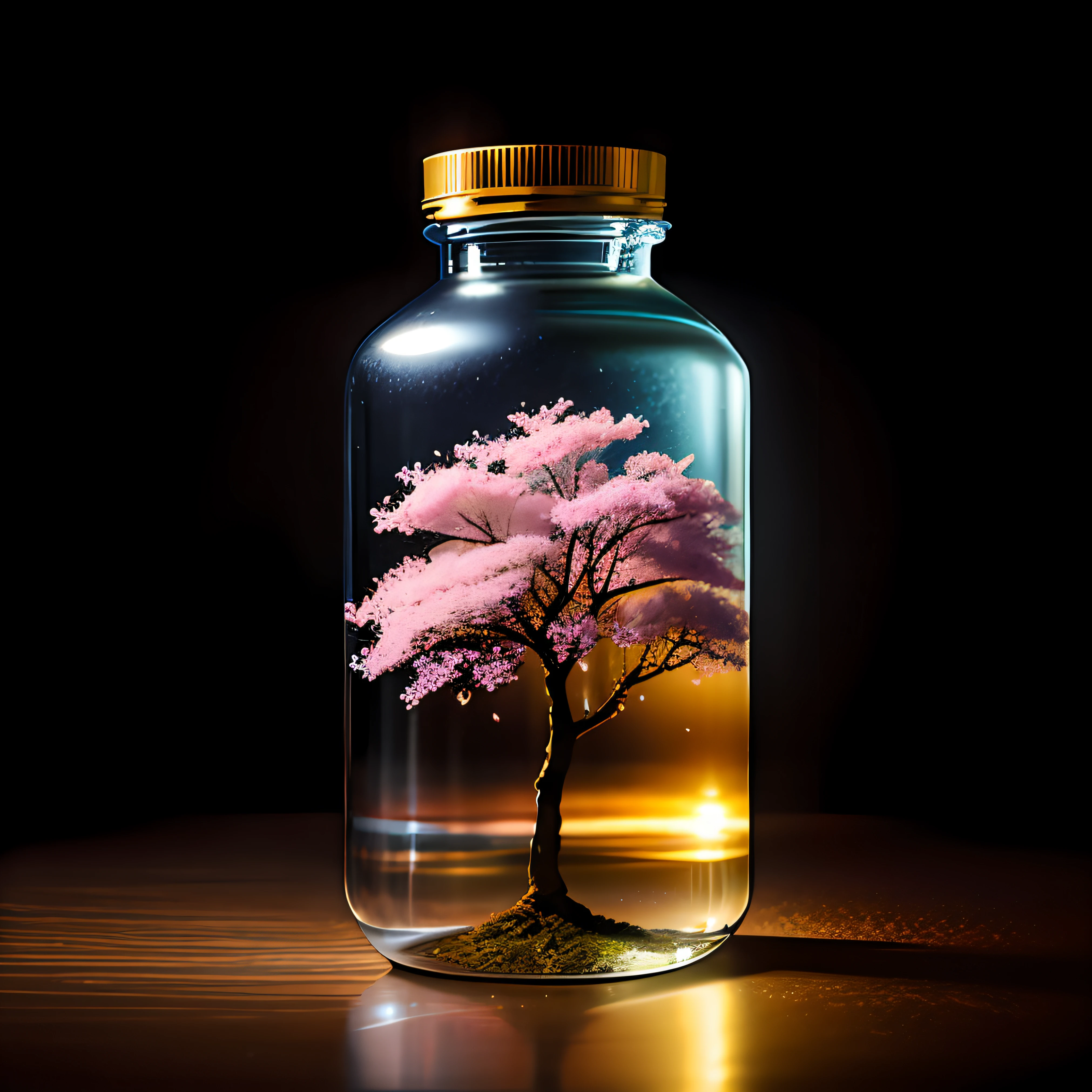 sakura tree in a bottle, fluffy, realistic, atmospheric light refraction, by lee jeffries nikon d850 film stock photograph 4 kodak portra 400 camera f1.6 lens rich colors hyper realistic lifelike texture dramatic lighting unreal engine trending on artstation cinestill 800, Style-Glass