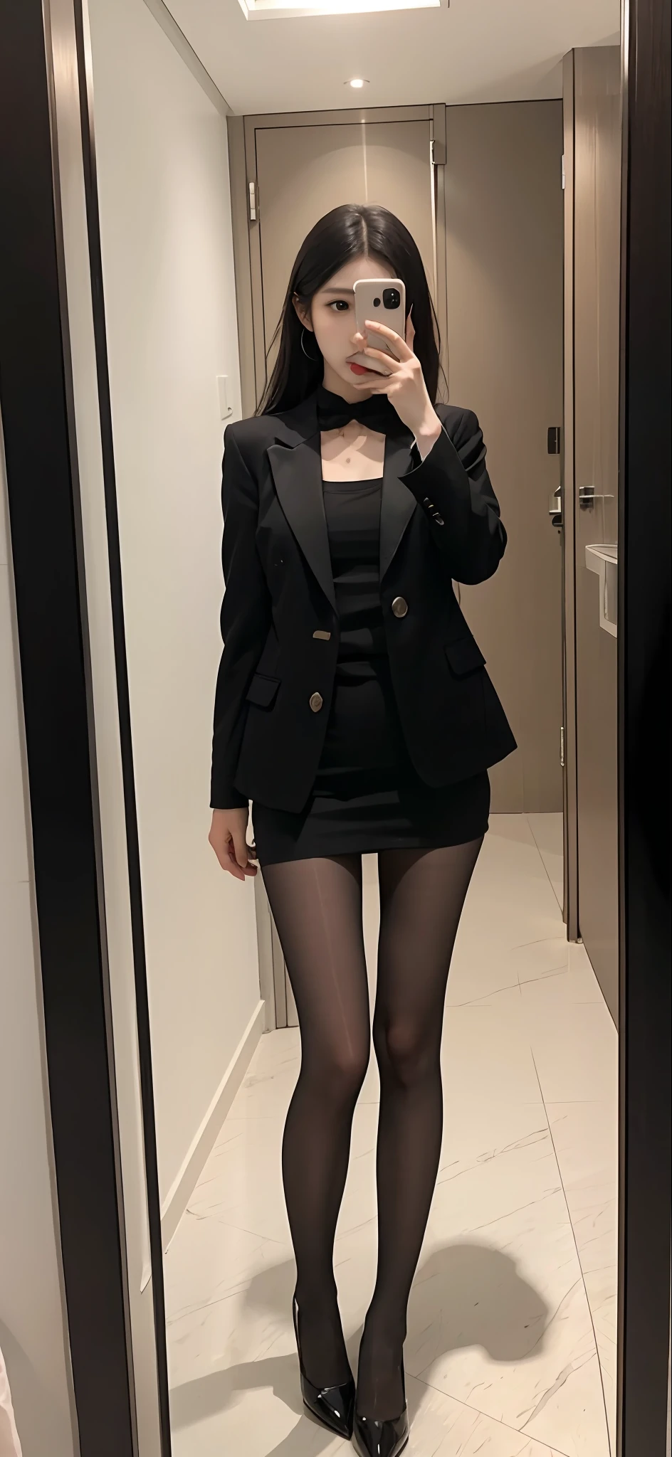 there is a woman that is taking a selfie in a mirror, 8K分辨率。Real images,high qulity,short skirt and a long jacket, girl in a suit, Girl in suit, lady in black coat and pantyhose, suit, wearing a black noble suit, dressed with long fluent clothes, full body cute young lady, Elegant suit, well - dressed, high fashion classy, Tall and slender, slender girl, woman model