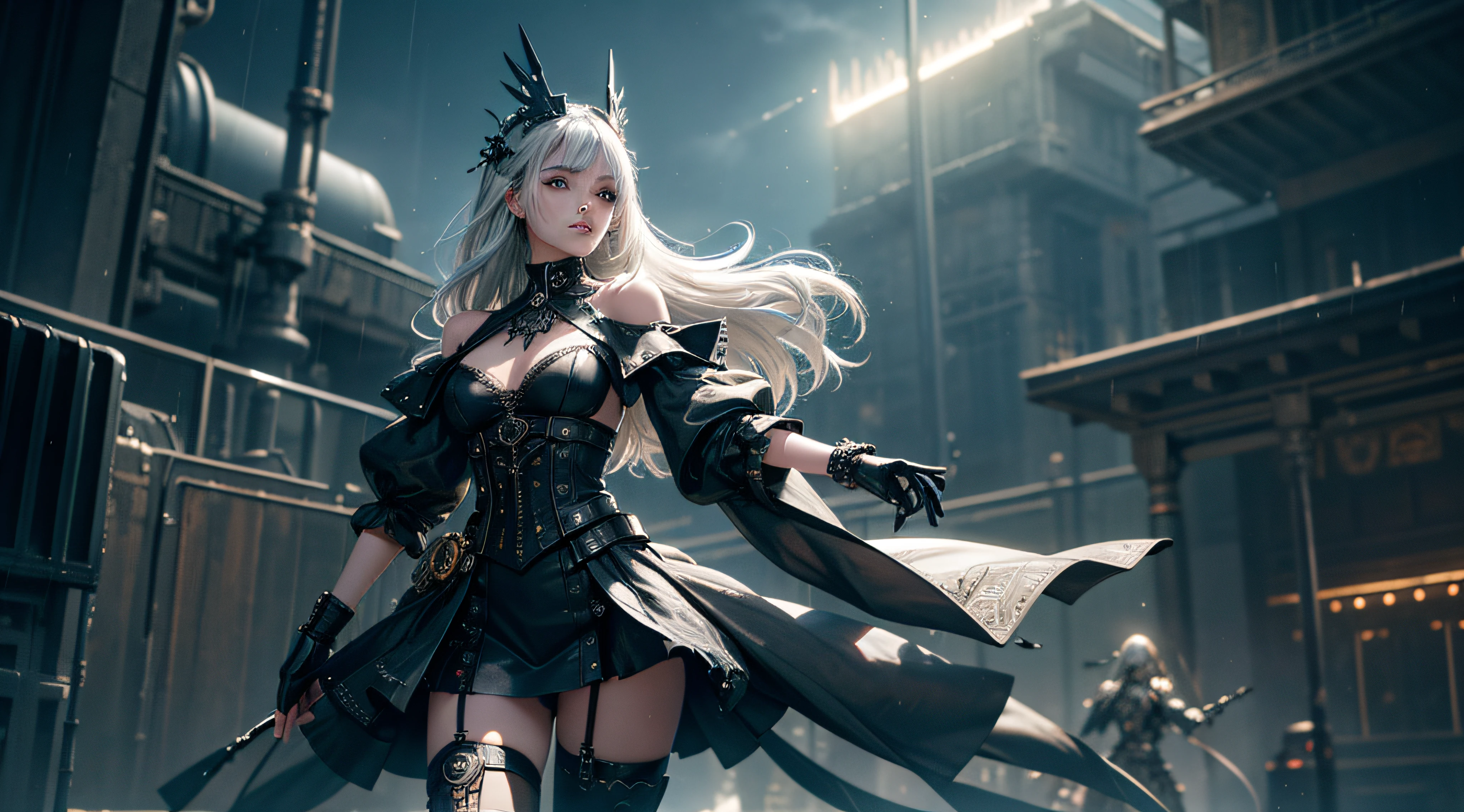 ((Best Quality)), (Masterpiece)), (Details:1.4), 3D, Android Girl, Mechanical Body, Skeleton Skin, Off-the-Shoulder Fashion That Fuses Detailed and Intricate Steampunk and Detailed Gothic Lolita, Has a Very Large Mechanical Weapon, Countless Glowing Large Spheres Flying Around Spinning, Lots of Sparks Crossing and Splashing, Magic-invoking poses, dynamic action poses, spinning and flying celestial bodies, countless neon lights raining down from the heavens, very thin long legs, over-the-knee mechanical boots, intricate steampunk headgear, fluttering lace flared miniskirts, off-the-shoulder fashion by fusing futuristic cyborgs with detailed and intricate steampunk and detailed gothic lolita, Beautiful little breasts pointing upwards, clean long silver hair, long vertical curly, wind driven, futuristic complex steampunk factory background, cinematic lighting, HDR (High Dynamic Range), ray tracing, NVIDIA RTX, super resolution, Unreal 5, subsurface scattering, PBR texturing, post-processing, anisotropic filtering, depth of field, Maximum clarity and sharpness, multi-layer textures, albedo and specular maps, surface shading, accurate simulation light material interaction, perfect proportions, octane rendering, two-tone lighting, wide aperture, low ISO, white balance, rule of thirds, 8K RAW,