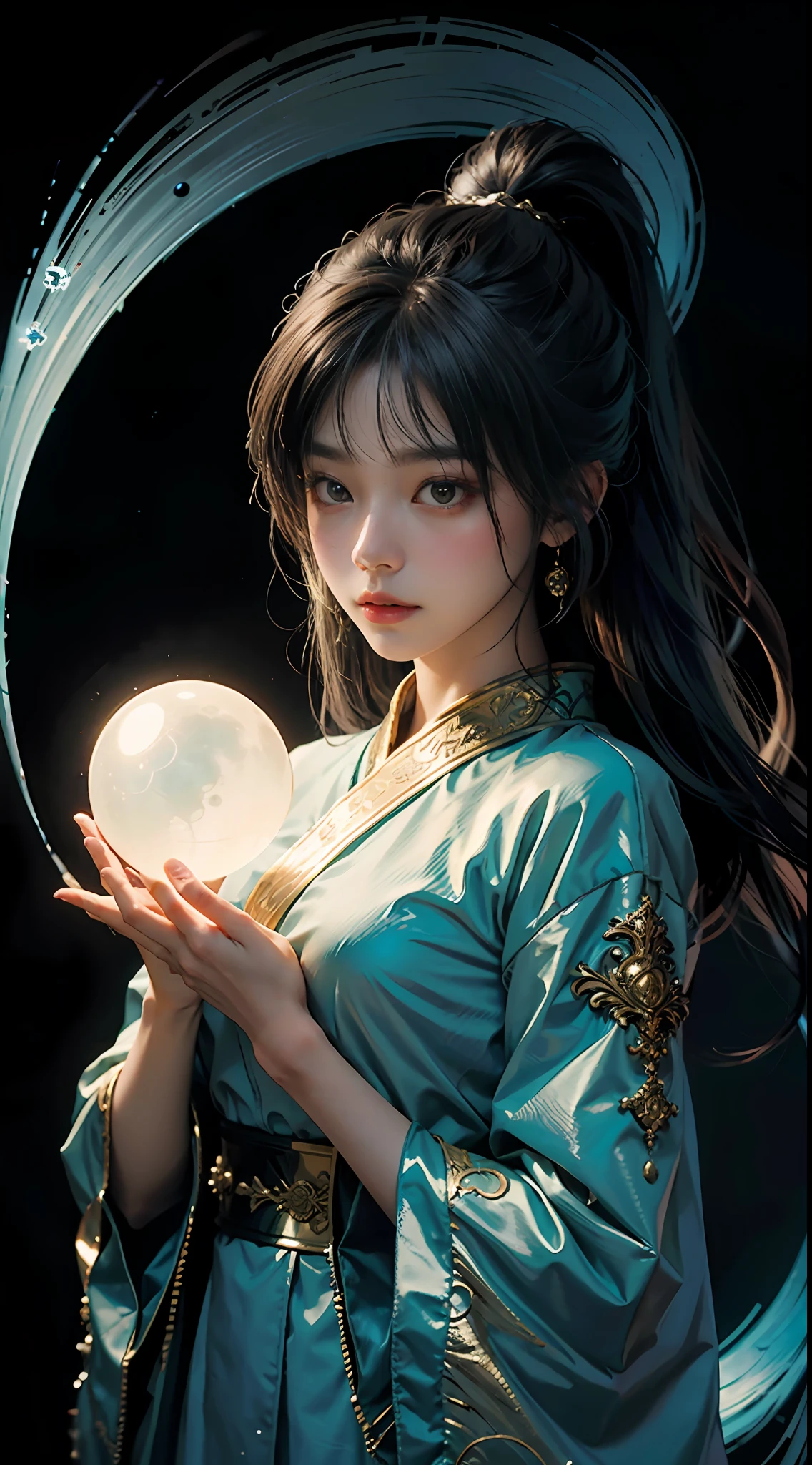 In the style of anime, a mysterious young woman cradles a luminescent orb that casts a soft, ethereal glow upon her flawless features. The setting is a silent, moonlit forest and her attire is an ornate fusion of traditional Asian culture and futuristic fantasy. Every detail of her face and outfit is rendered in extreme close-up with an extraordinary level of detail. Artist: Alec Soth