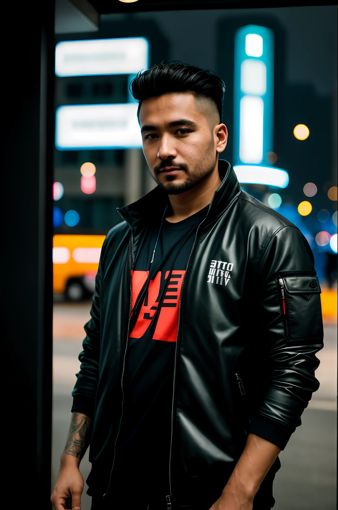 RAW photo, a portrait photo of 30 y.o man, cyberpunk clothes, using notebook, natural skin, 8k uhd, high quality, film grain, Fujifilm XT3 ...