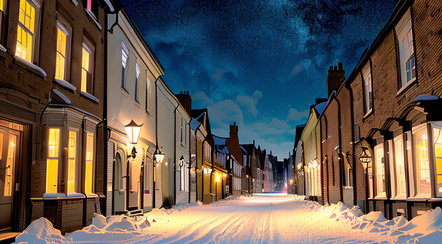 tmasterpiece, Best quality at best, (Very detailed CG unity 8K wallpaper), (Best quality at best), (The best illustrations), (The best shadow), snow landscape, the night, small town(1920s), (English Town), (the street), (Multiple stores), (Particle effect)and other 3D, Octane rendering, Ray traching, Super meticulous --auto