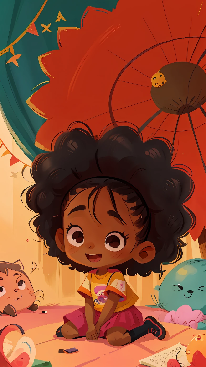 black girl child , de 5 anos . cabelo cacheado, roupa rosa , sentada na cadeira no quarto dela ,sorrindo , cor nitida , 8k , cartoon, pele negra.